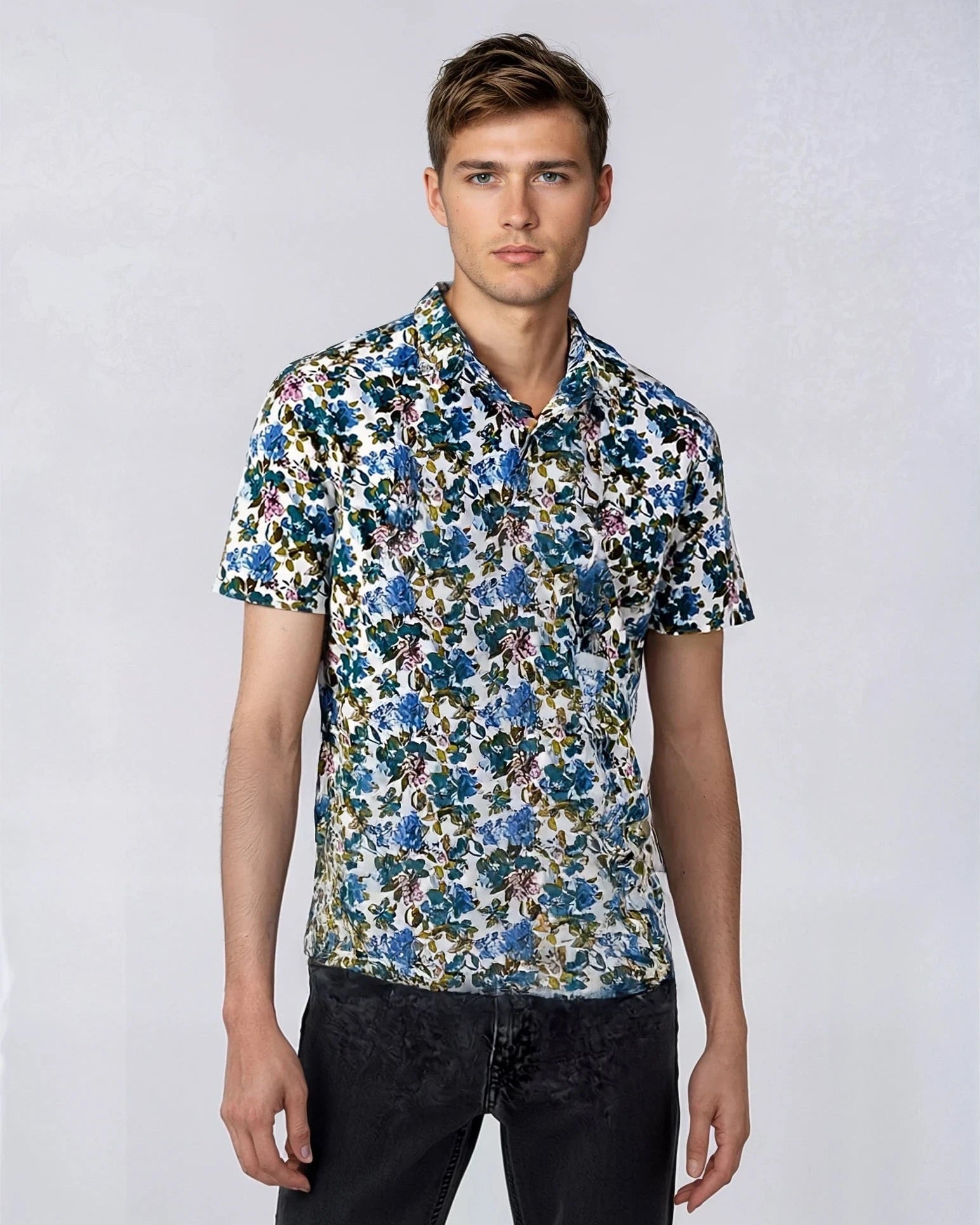 Cotton and Linen Multi-Floral Print Short Sleeve Shirt