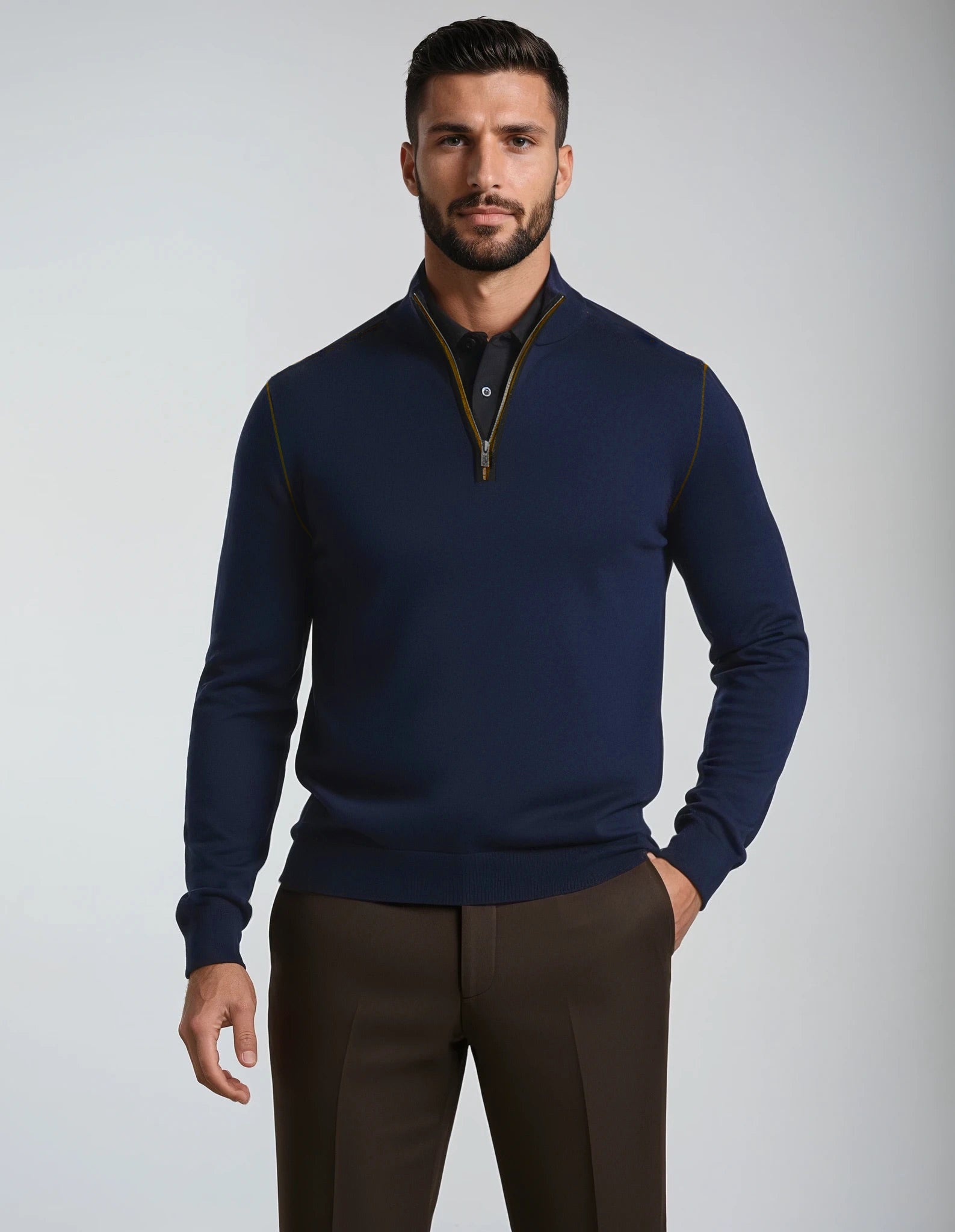 Navy 1/4 Zip Sweater with Saddle Piping