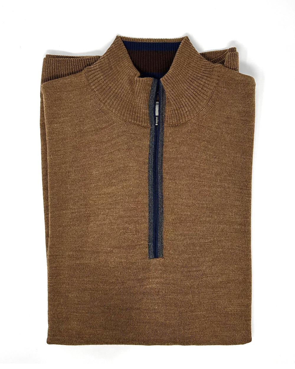 Tobacco 1/4 Zip Sweater with Navy Piping