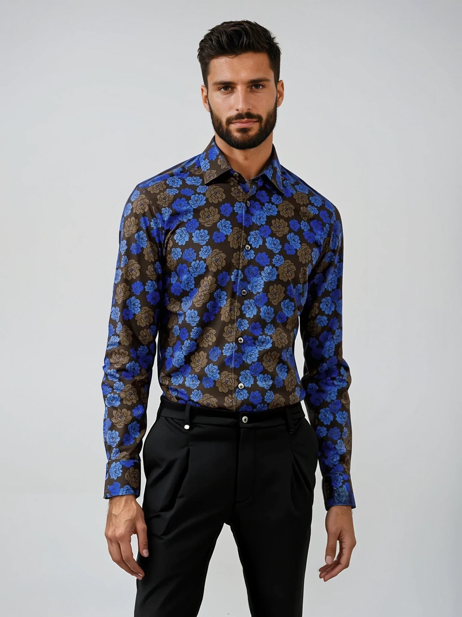 Navy and Bronze Floral Print Sport Shirt