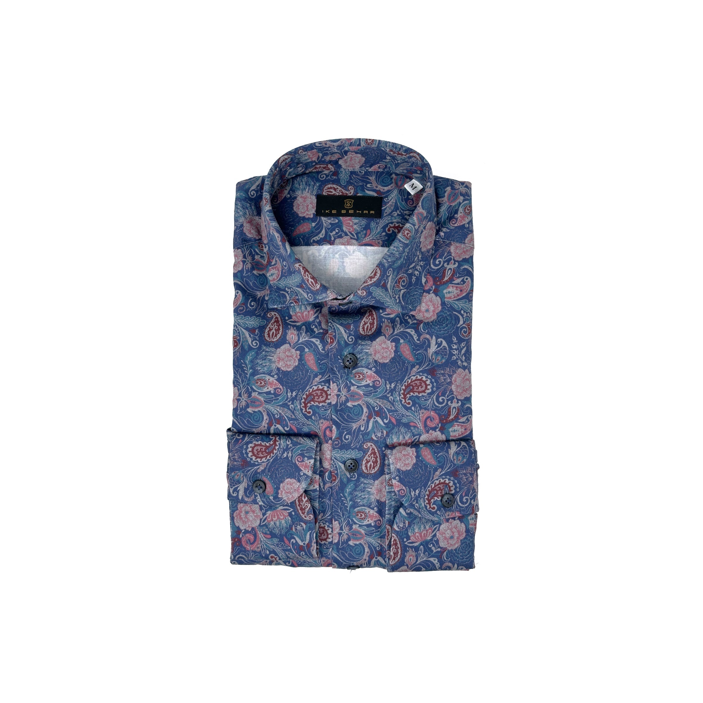 Blue Ground with Rose Floral Paisley Print Sport Shirt