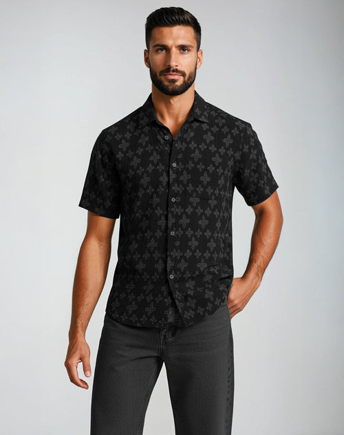 Black Jacquard Textured Short Sleeve Shirt