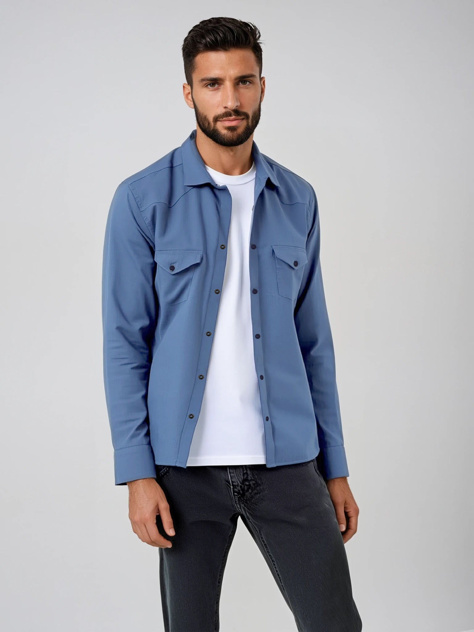 Mid-Blue Two-Pocket Western Shirt