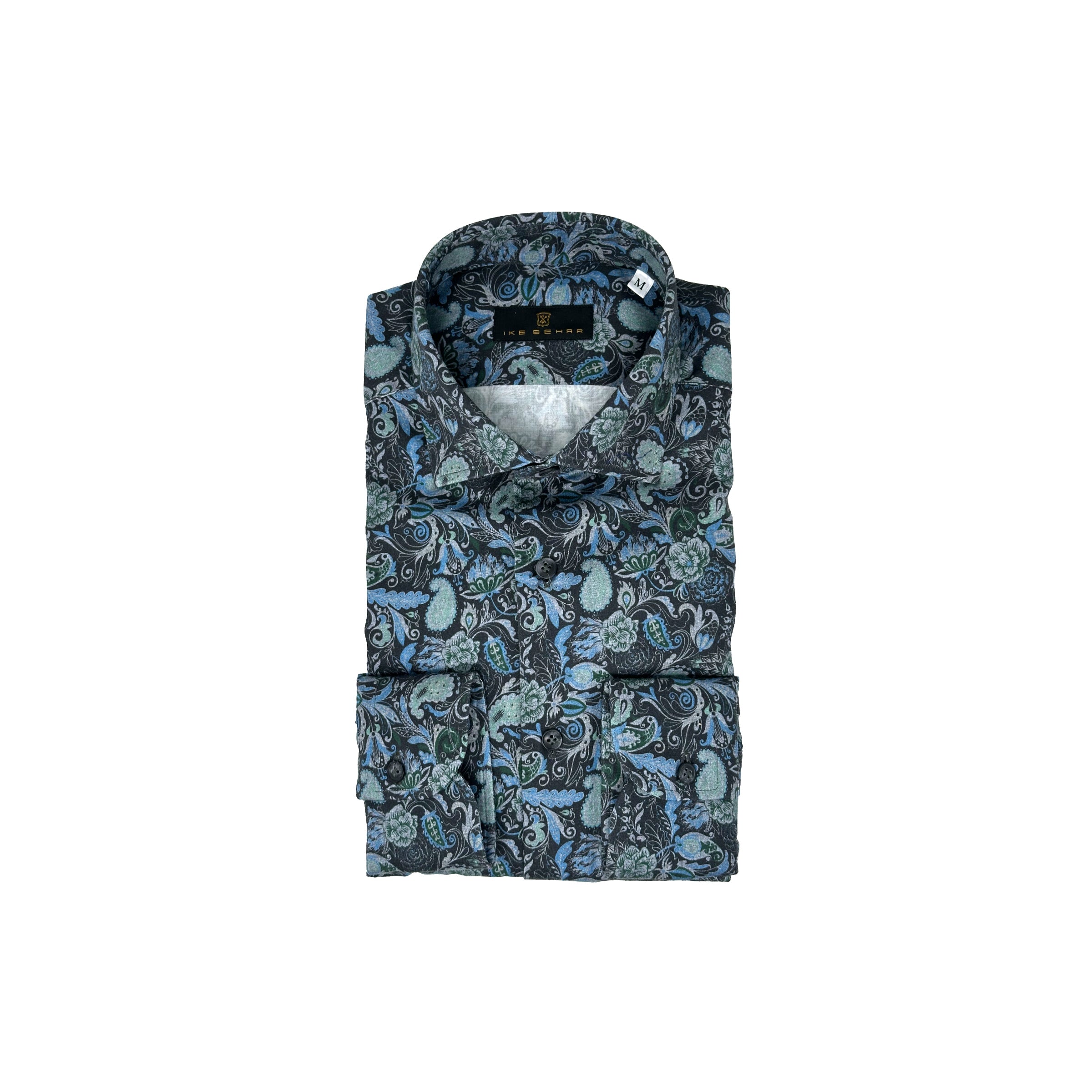 Slate Ground with Teal Floral Paisley Print Sport Shirt
