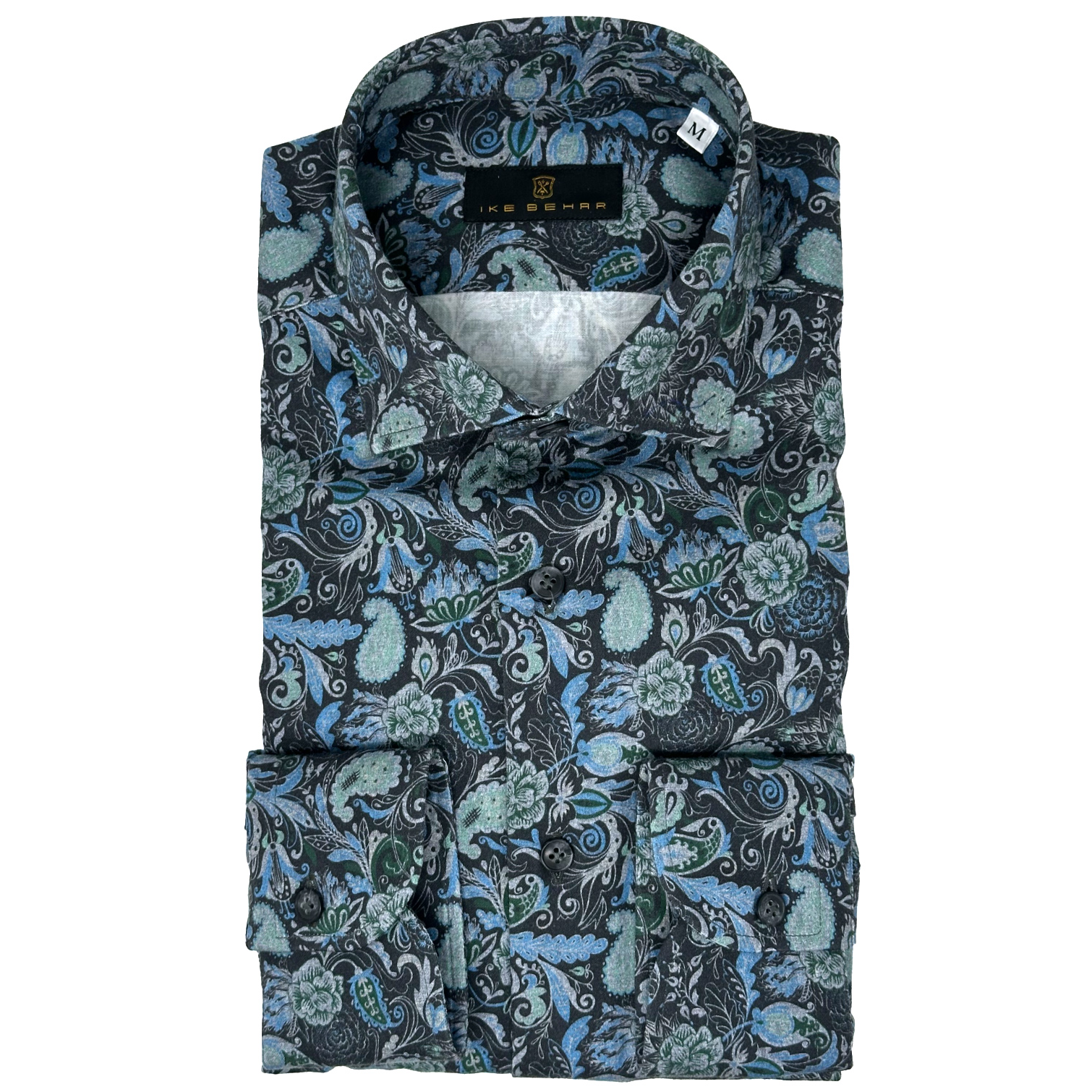 Slate Ground with Teal Floral Paisley Print Sport Shirt