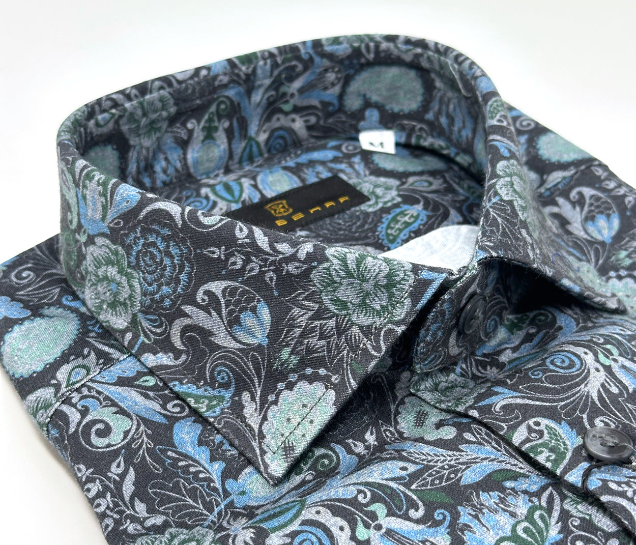 Slate Ground with Teal Floral Paisley Print Sport Shirt