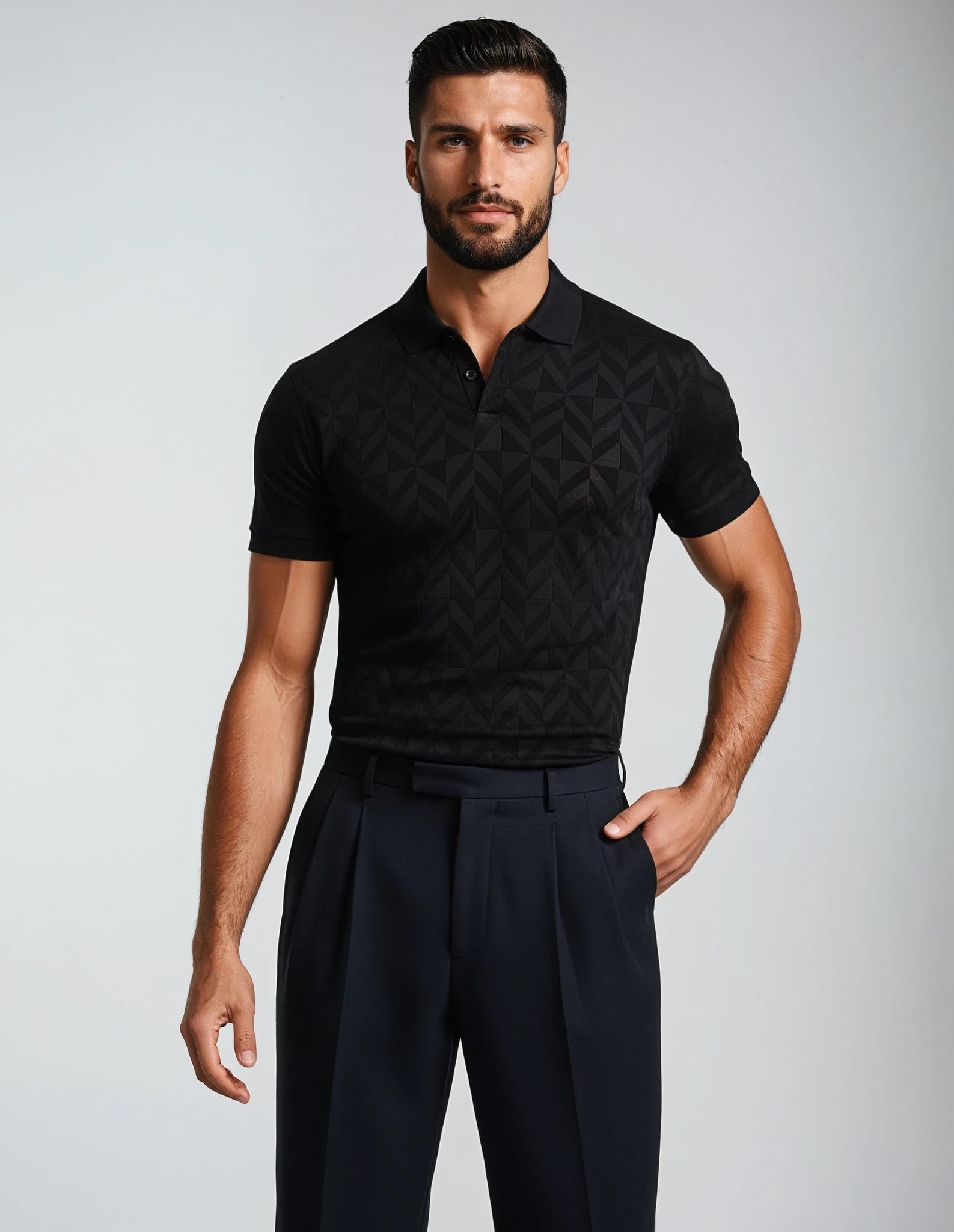 Tonal Black Diamond Pattern Sweater Knit Polo