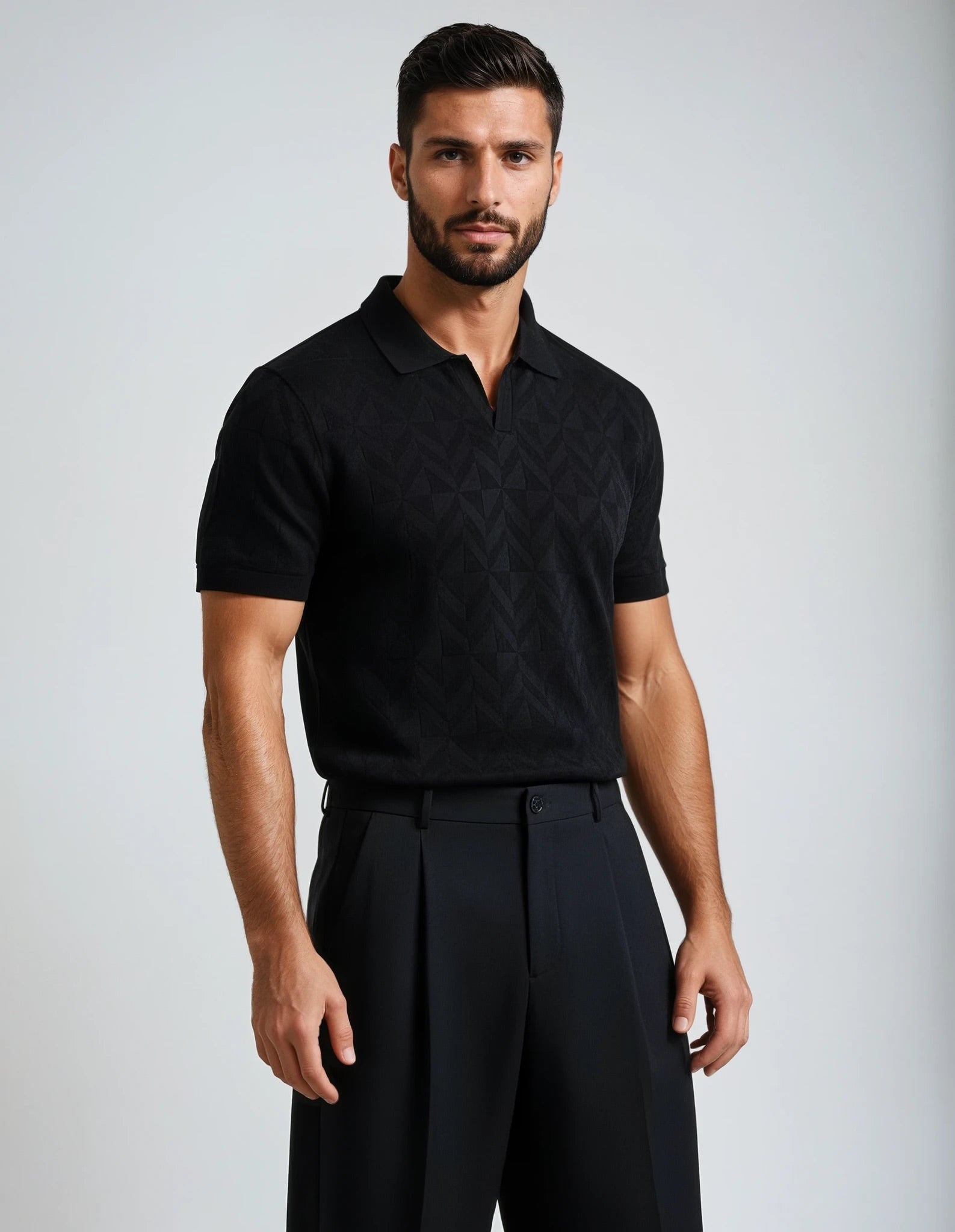 Tonal Black Diamond Pattern Sweater Knit Polo