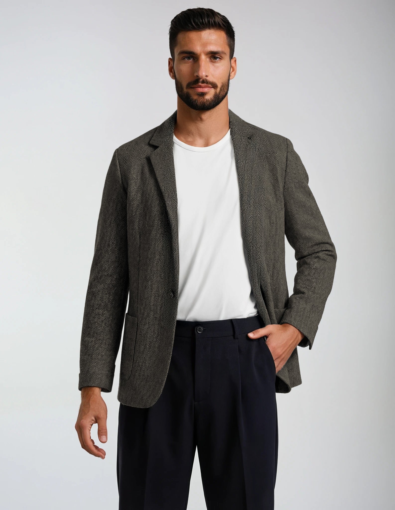 Chocolate Charcoal Ecru Jacquard Stretch Knit Herringbone Sport Coat