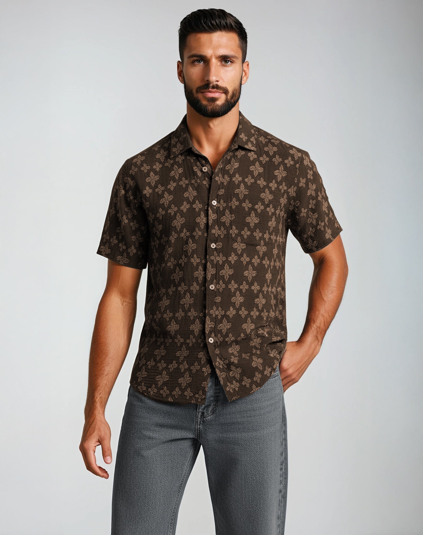 Chocolate Jacquard Textured Short Sleeve Shirt