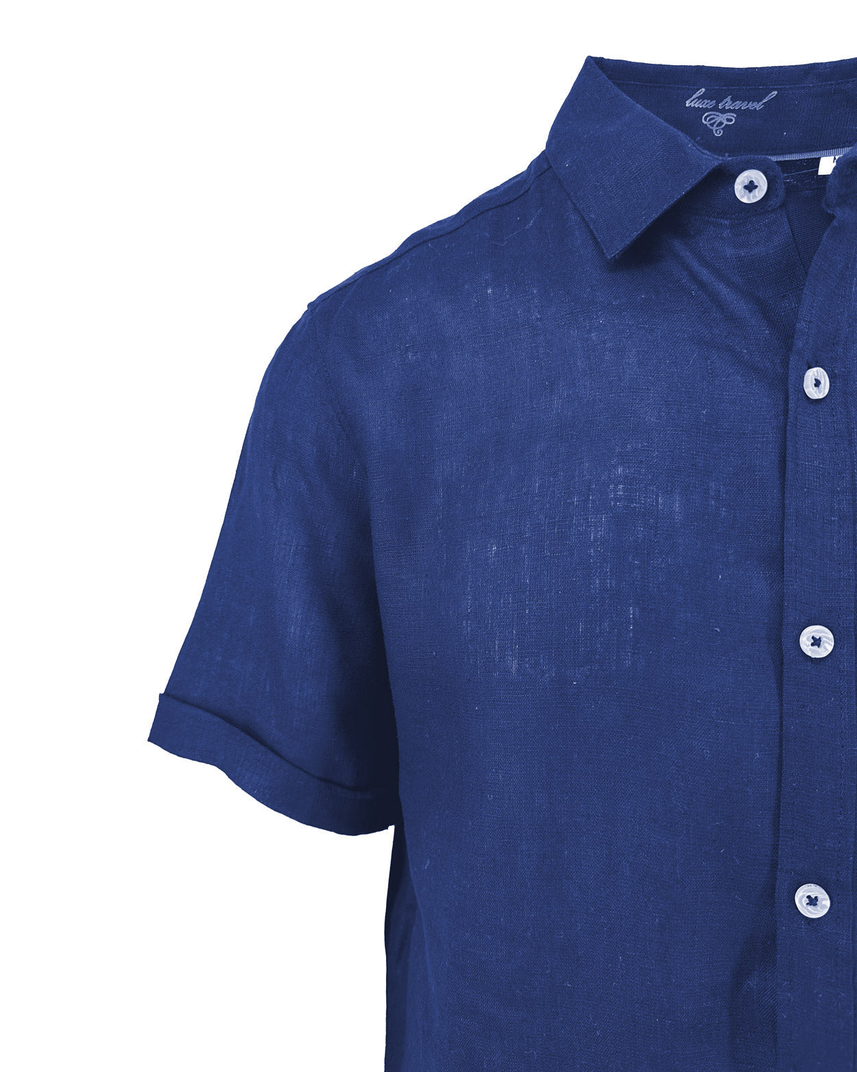Navy Linen and Cotton Blend Short Sleeve Shirt