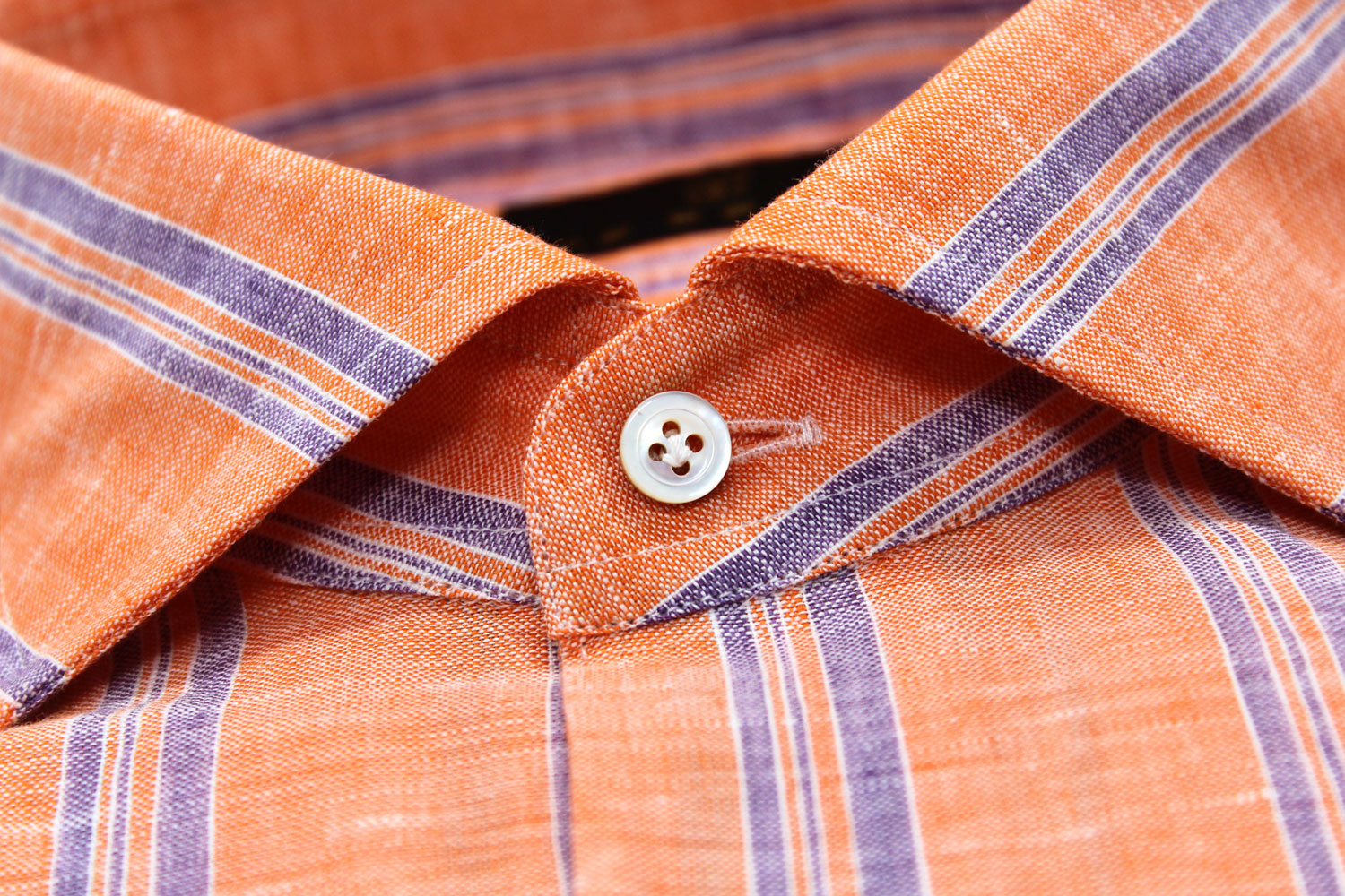 Hand Finished Orange With Violet Striped Italian Linen Sport Shirt