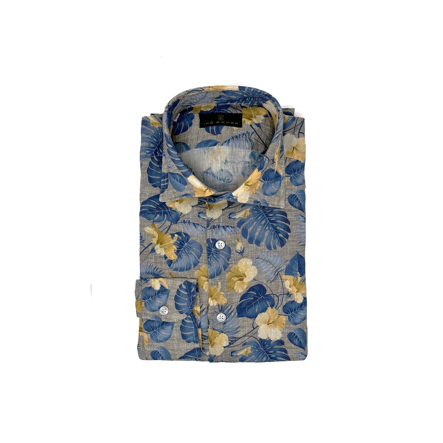 Tan Linen with Blue and Yellow Floral Print Sport Shirt