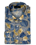 Tan Linen with Blue and Yellow Floral Print Sport Shirt