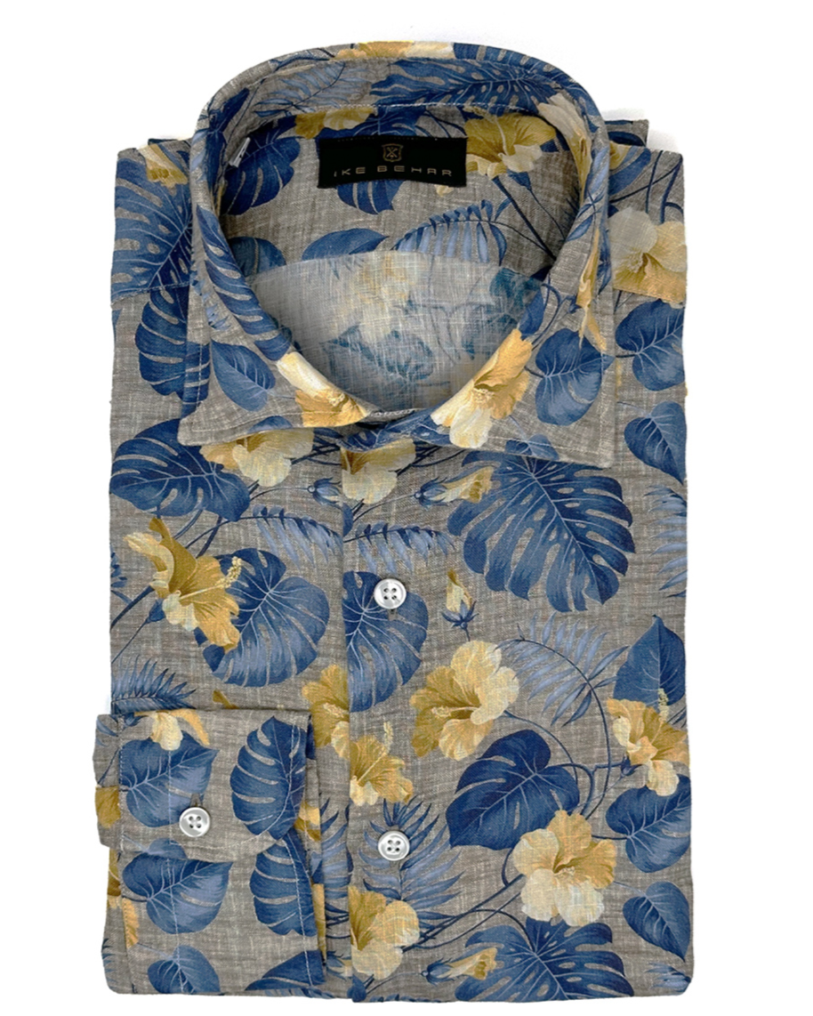 Tan Linen with Blue and Yellow Floral Print Sport Shirt