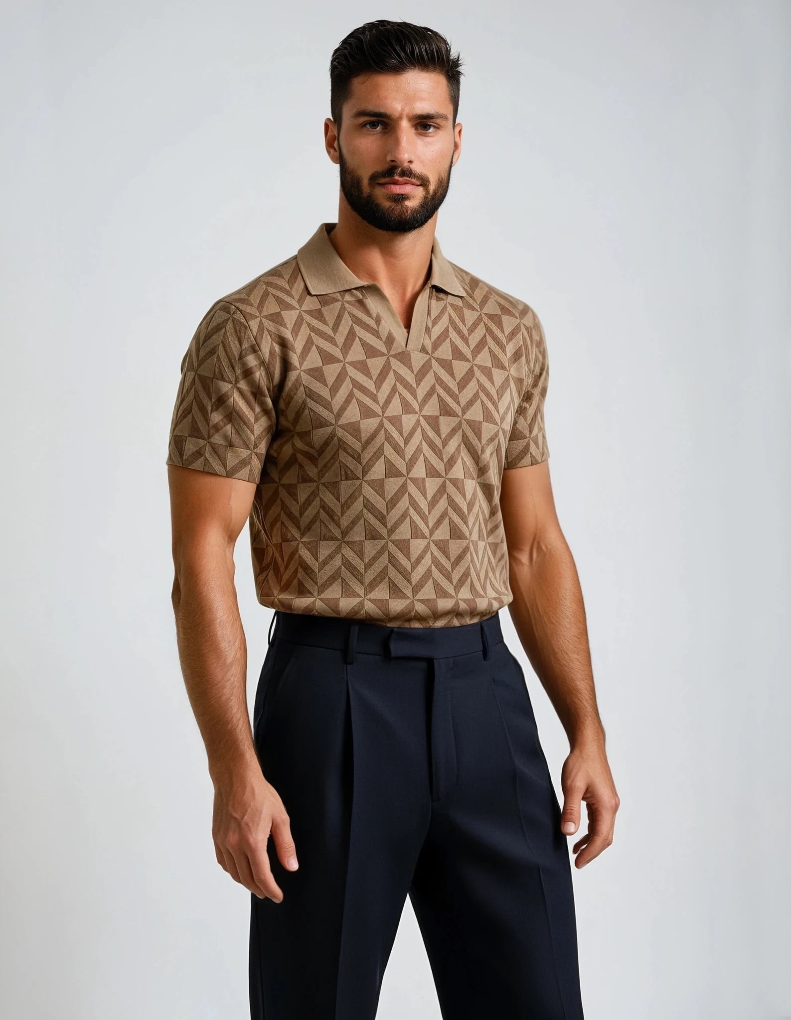 Tonal Taupe Diamond Pattern Sweater Knit Polo