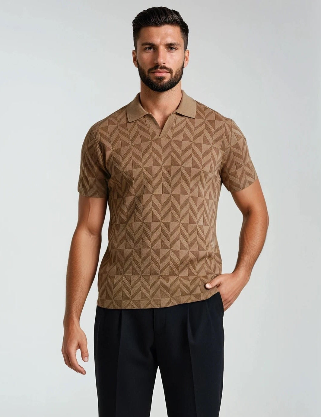 Tonal Taupe Diamond Pattern Sweater Knit Polo