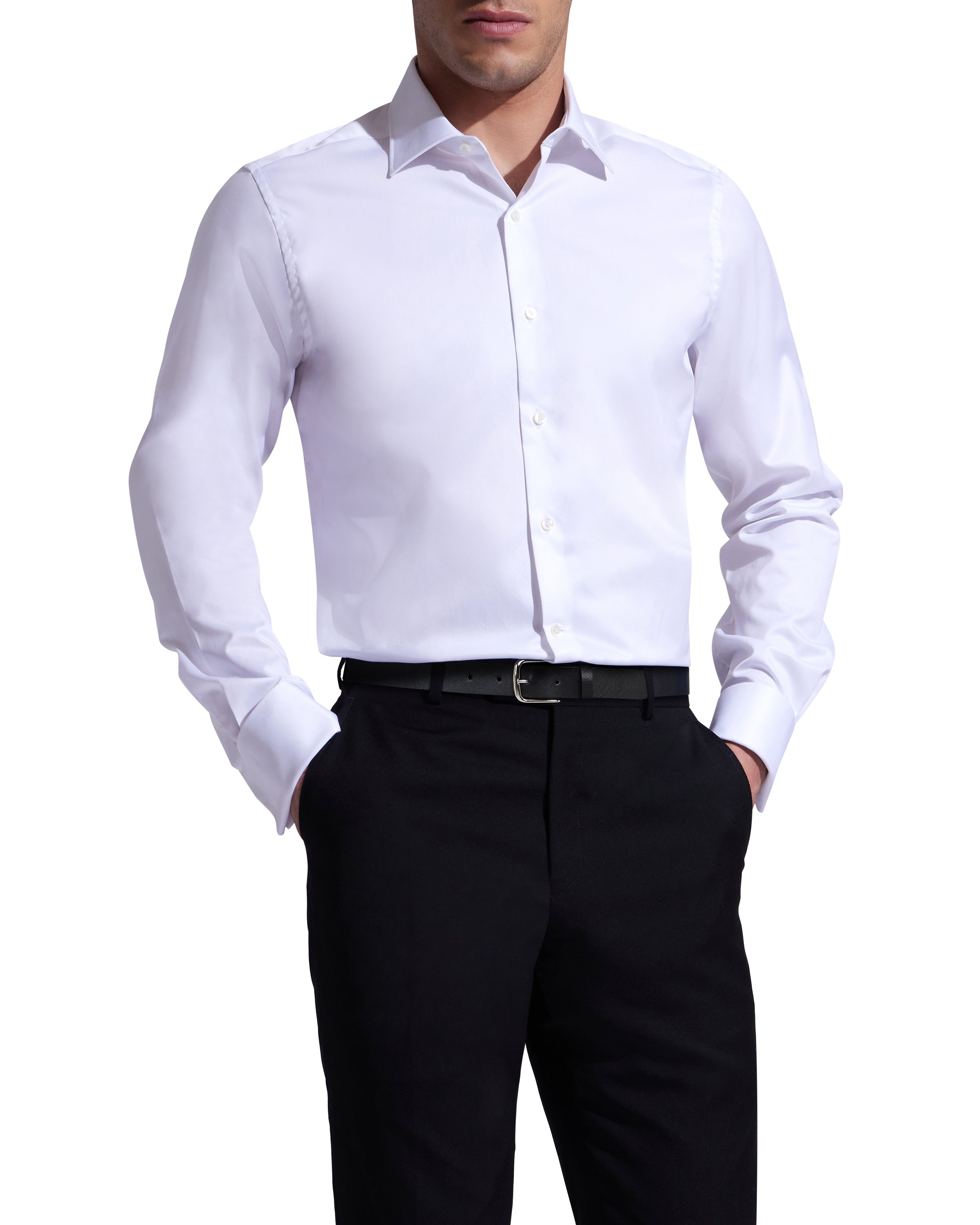 White Twill Natural Stretch Cotton French Cuff Dress Shirt