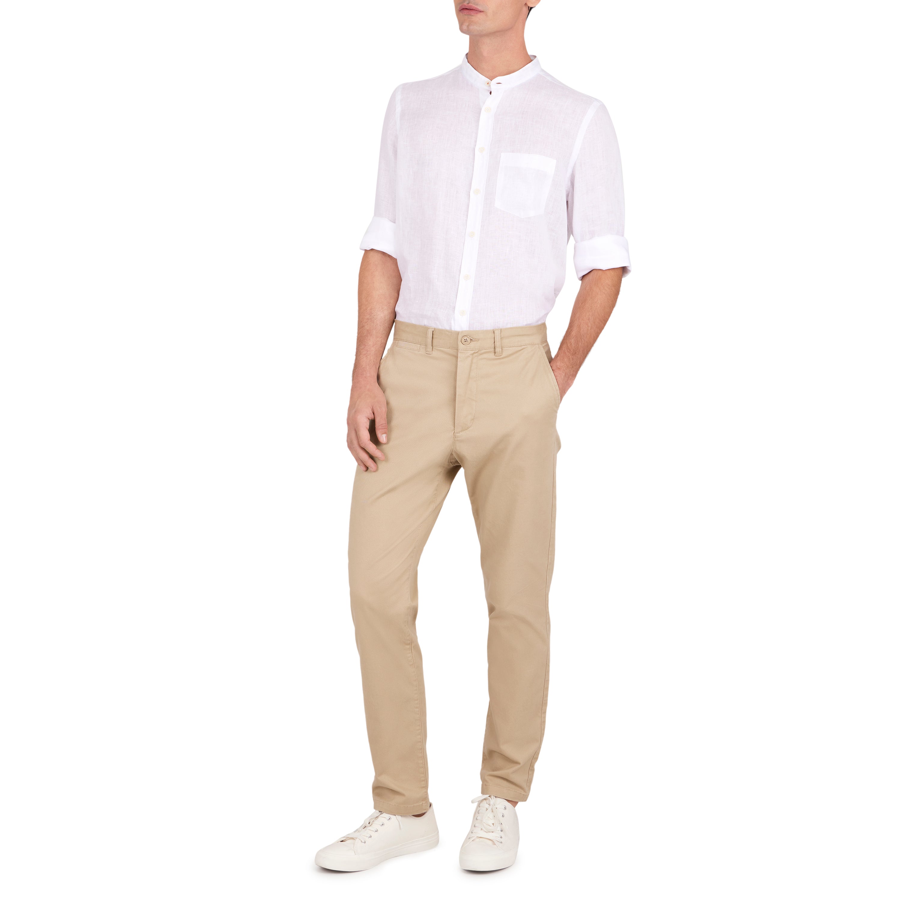 White Linen Band Collar Sport Shirt
