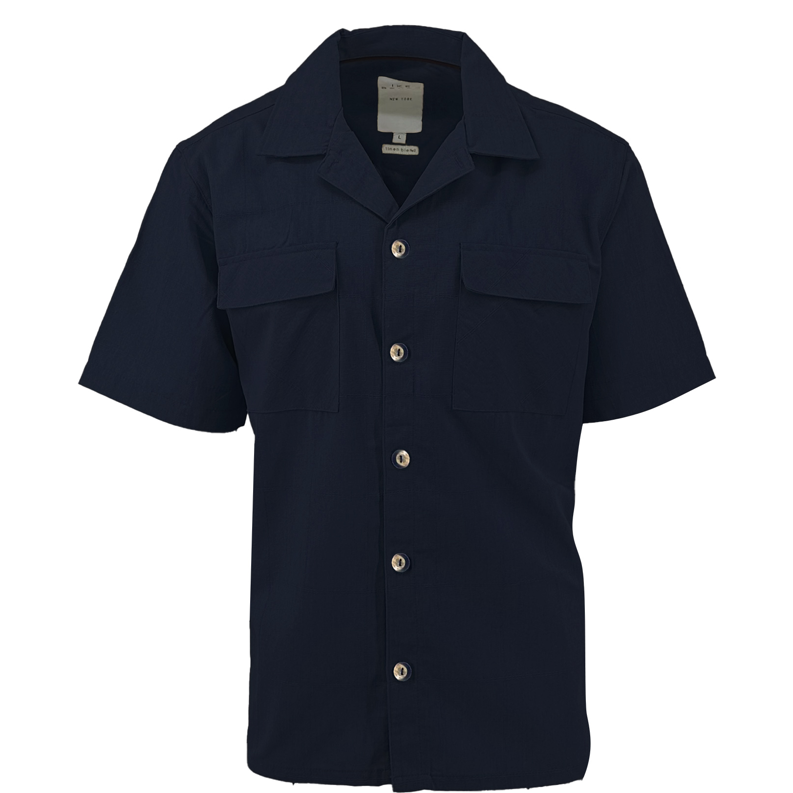 Navy Linen Blend Tonal Dobby Two Pocket Short Sleeve Shirt