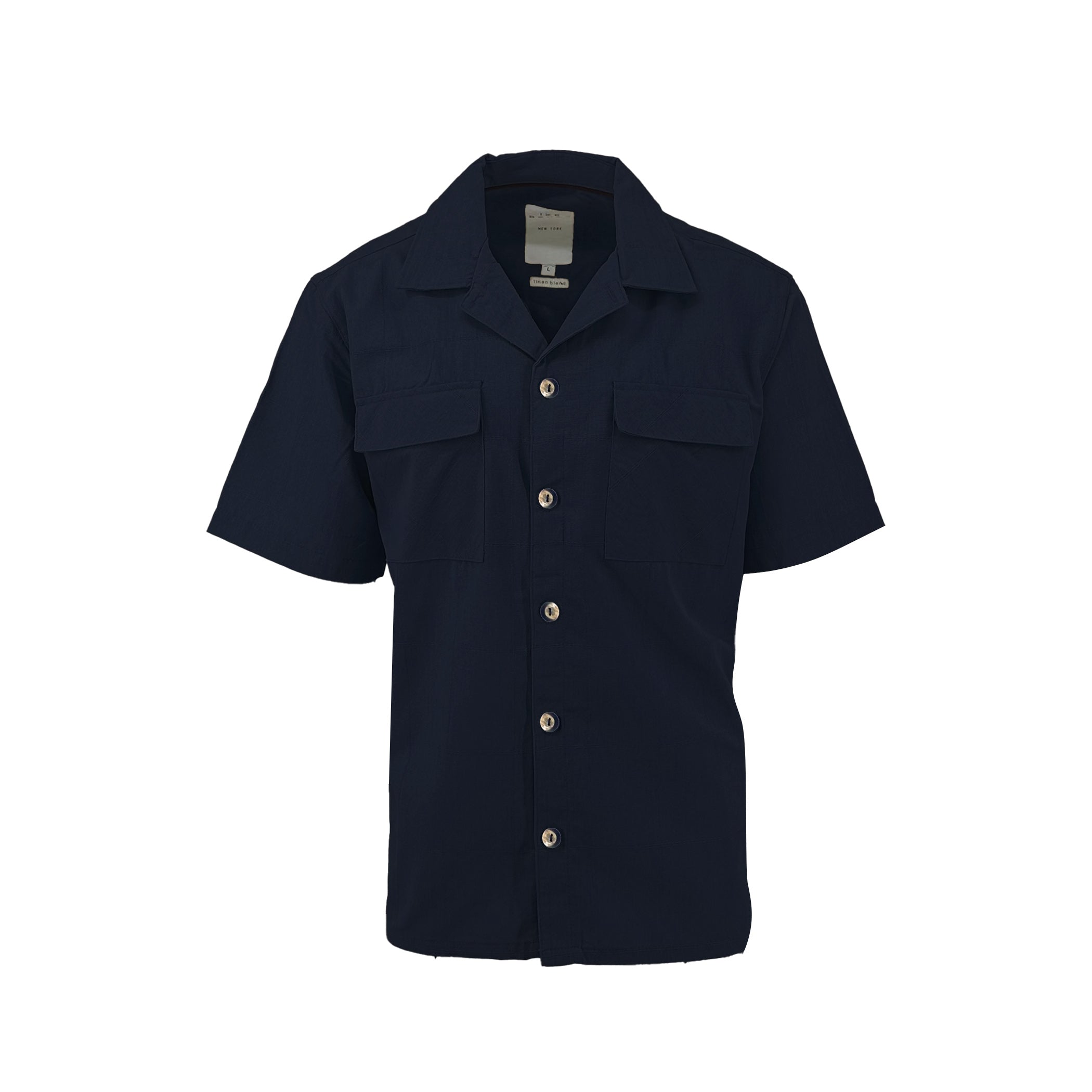 Navy Linen Blend Tonal Dobby Two Pocket Short Sleeve Shirt