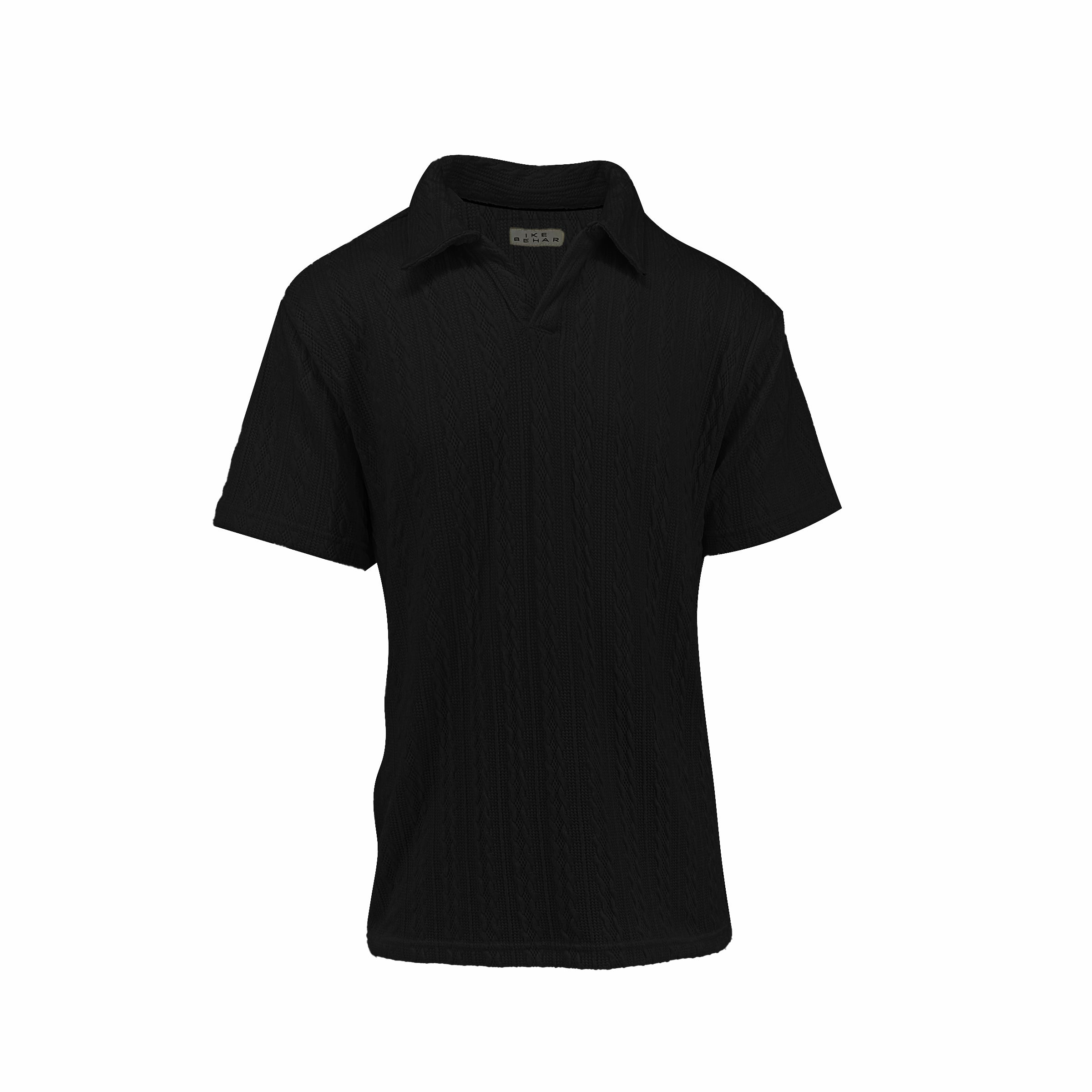 Black Cable Knit Johnny Collar Polo