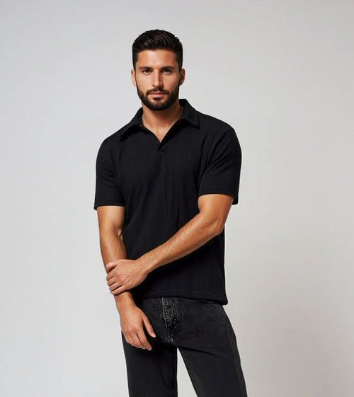 Black Cable Knit Johnny Collar Polo