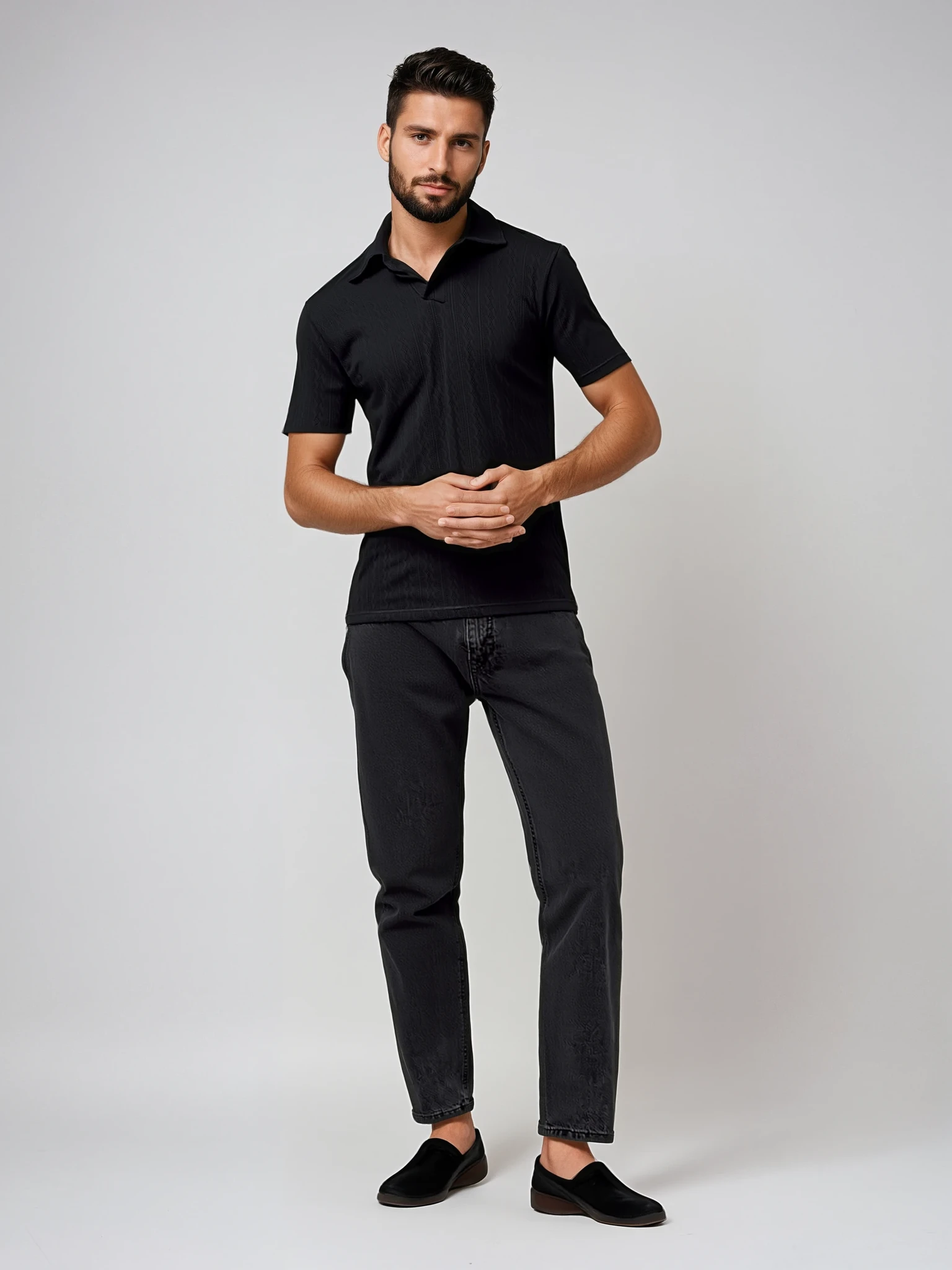 Black Cable Knit Johnny Collar Polo