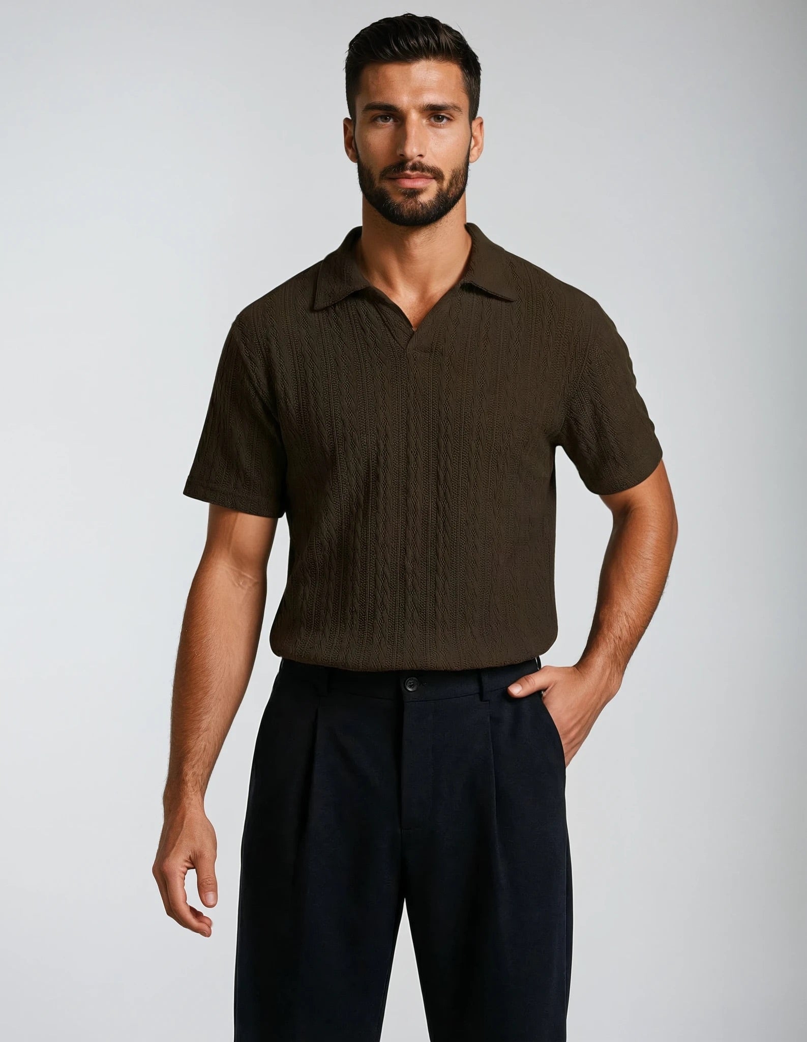 Dark Earth Cable Knit Johnny Collar Polo