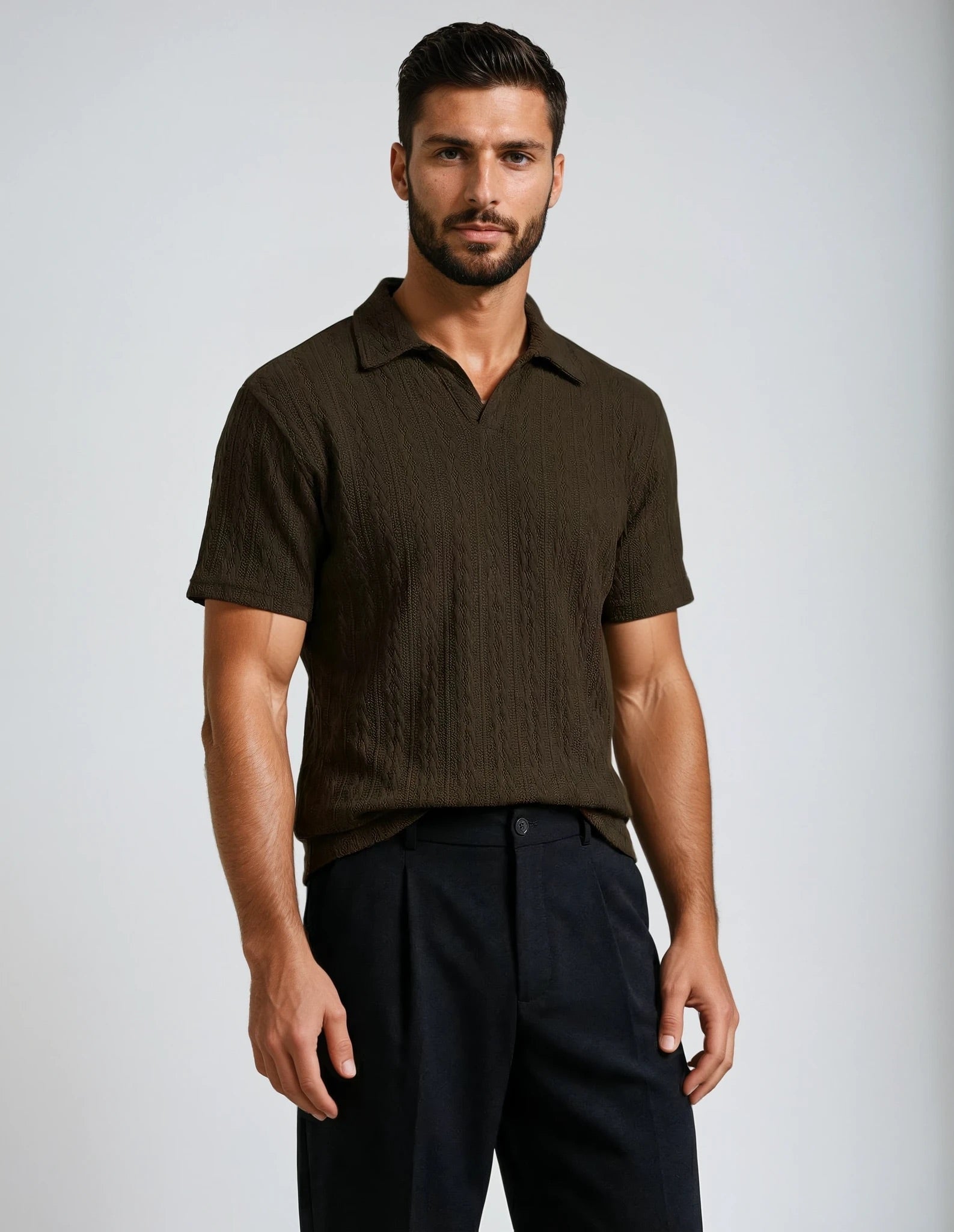 Dark Earth Cable Knit Johnny Collar Polo