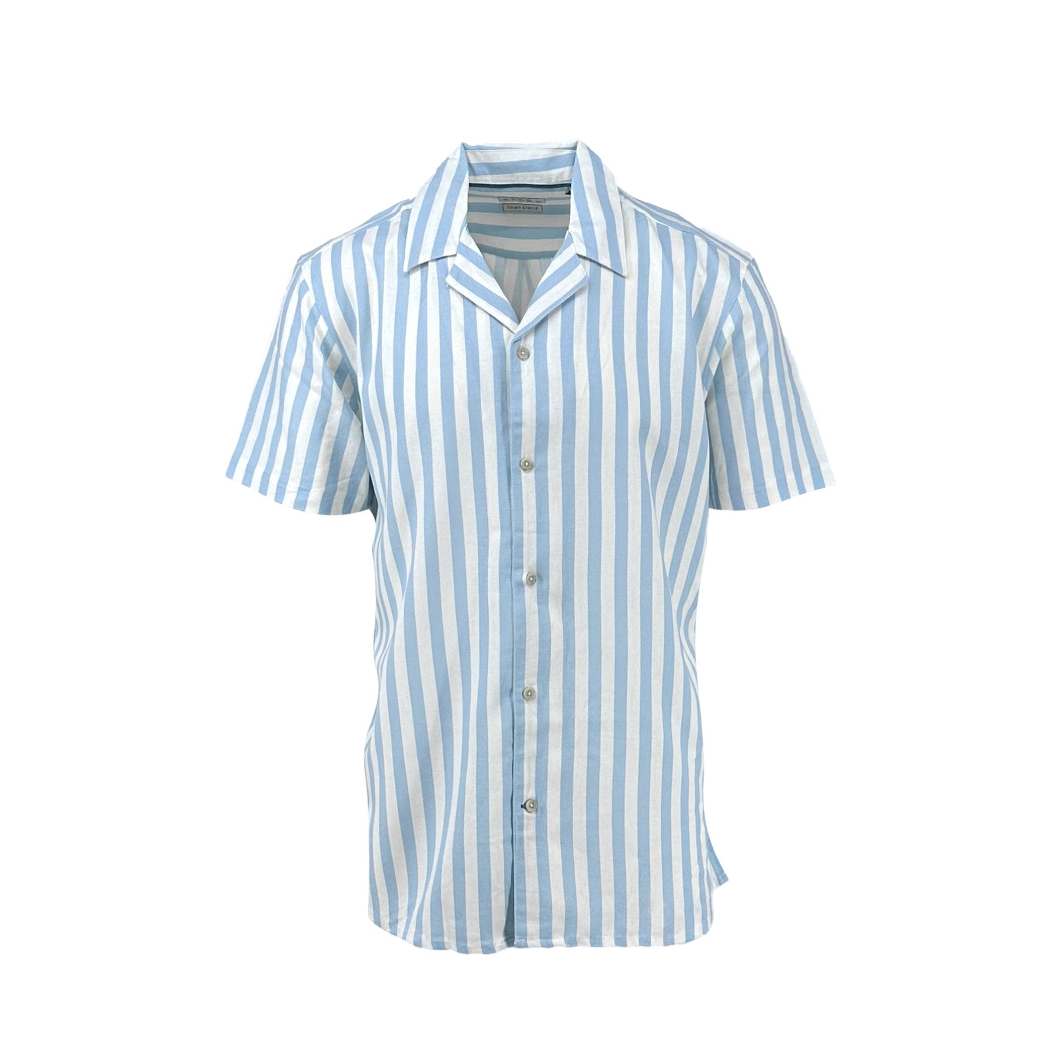 Sky Blue Large Stripe Cotton and Linen Camp Shirt