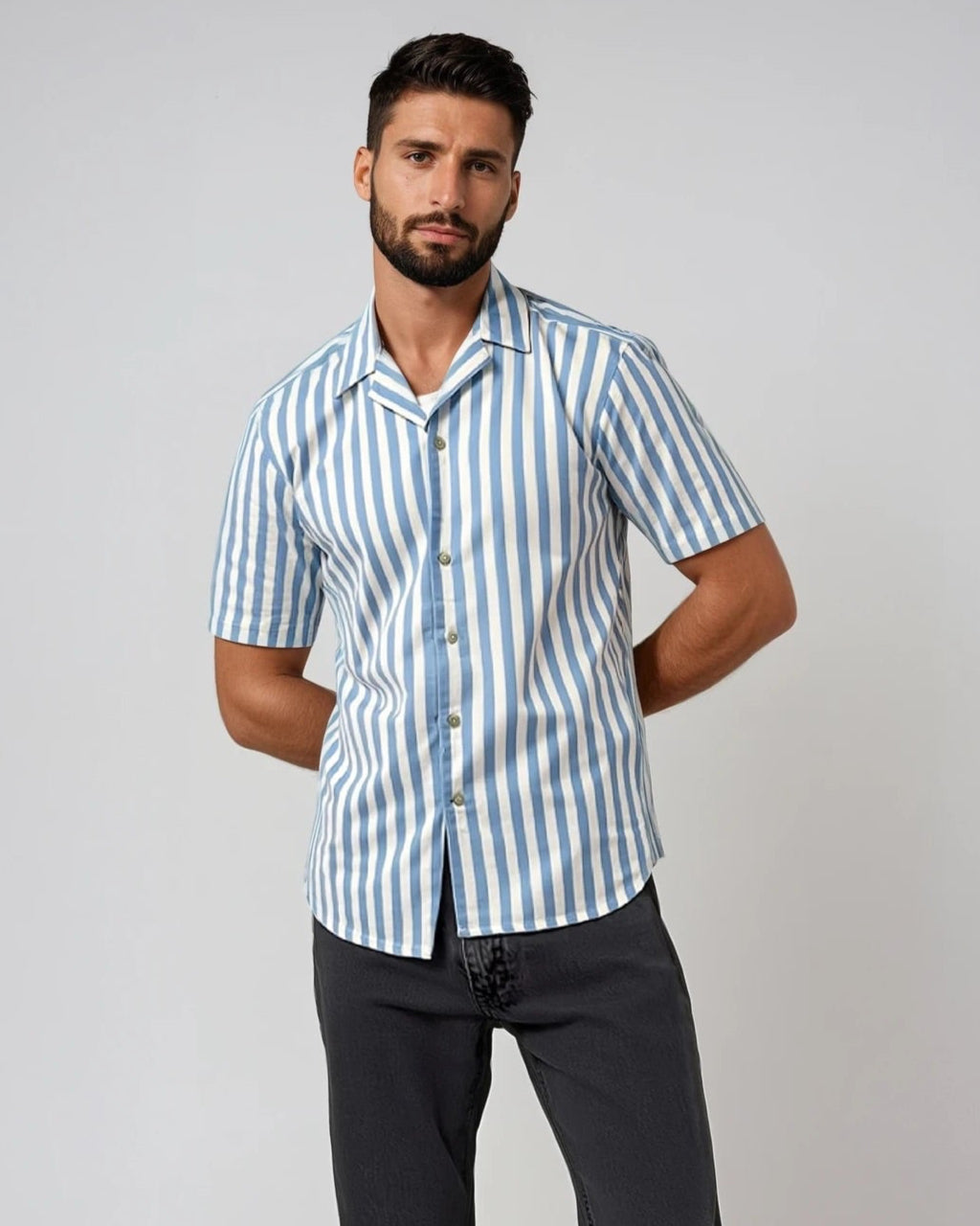 Sky Blue Large Stripe Cotton and Linen Camp Shirt