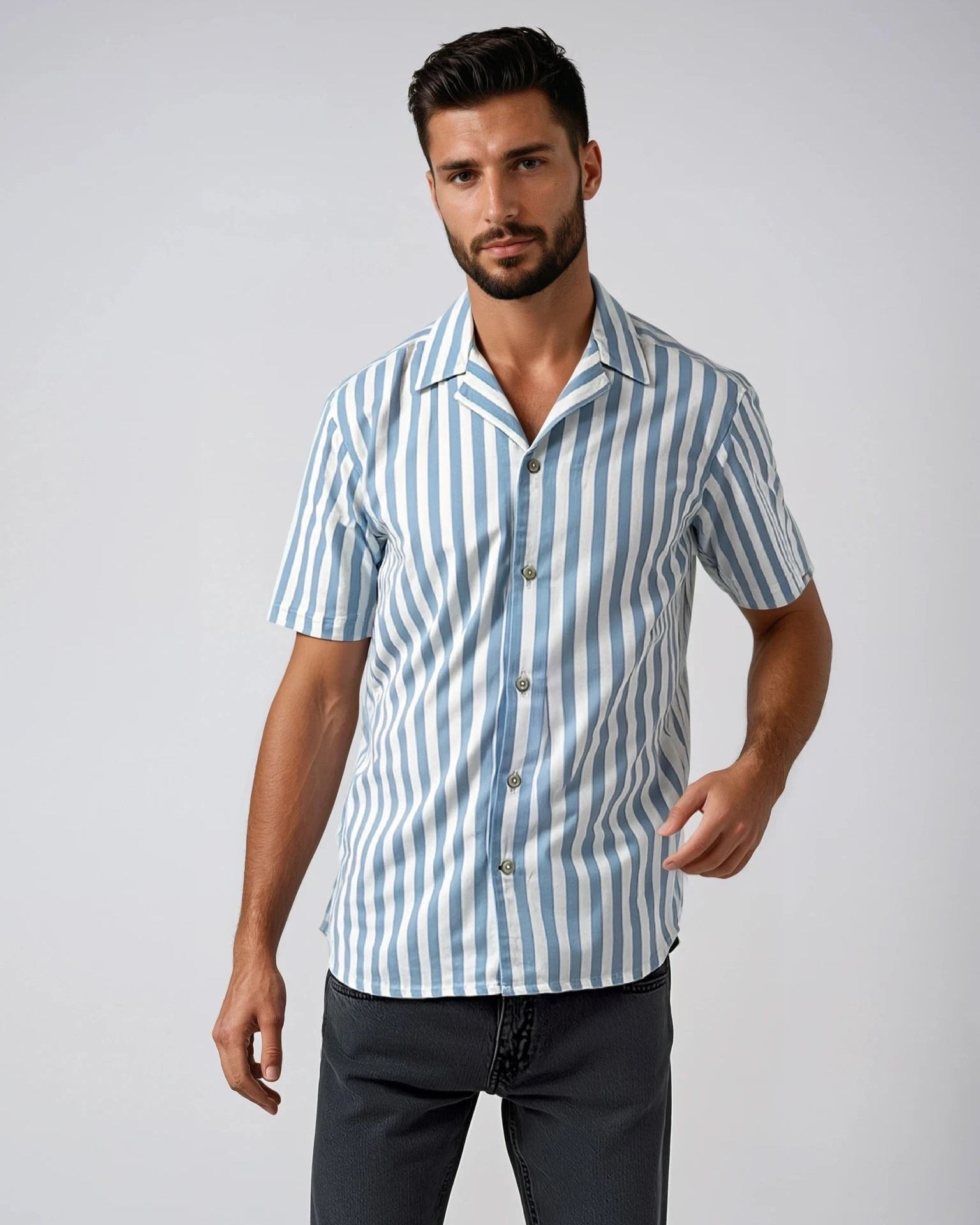 Sky Blue Large Stripe Cotton and Linen Camp Shirt