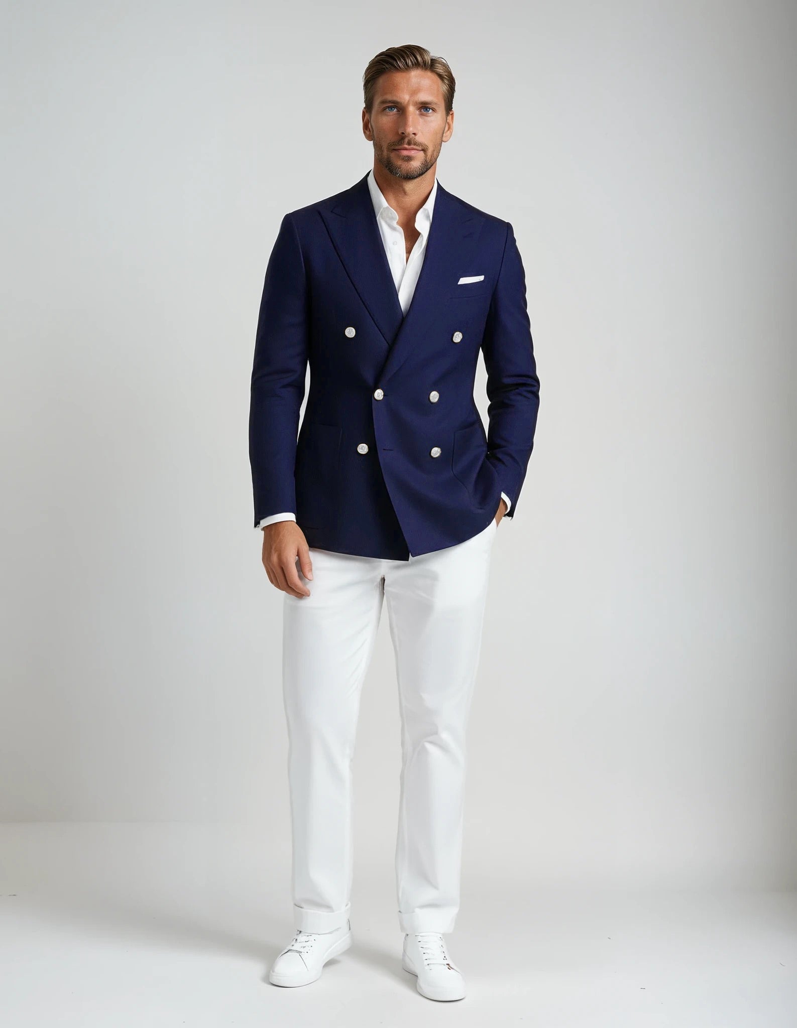 Navy Knit Double Breasted Knit Sport Coat