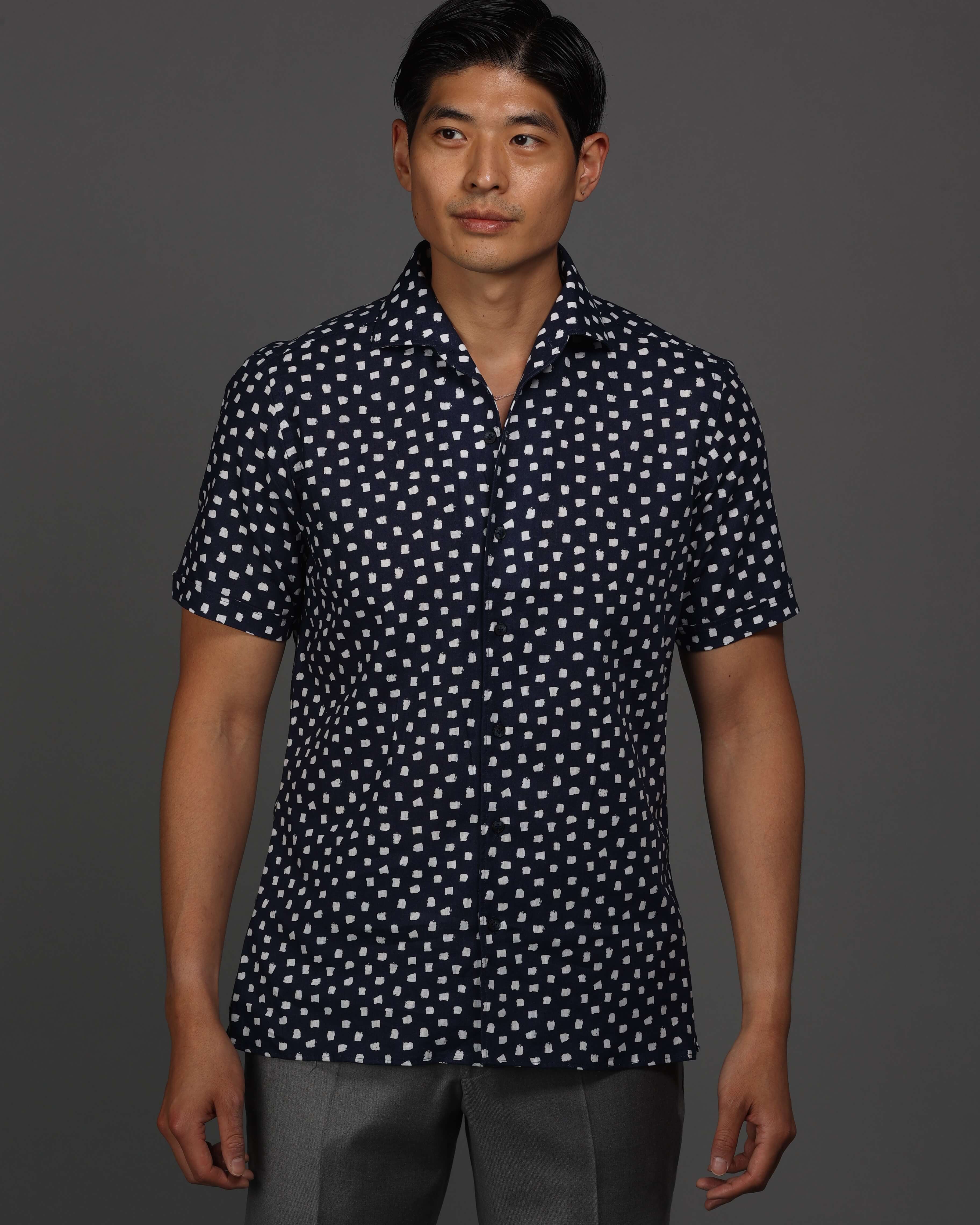 Navy With White Brush Dot Print Short Sleeve Sport Shirt