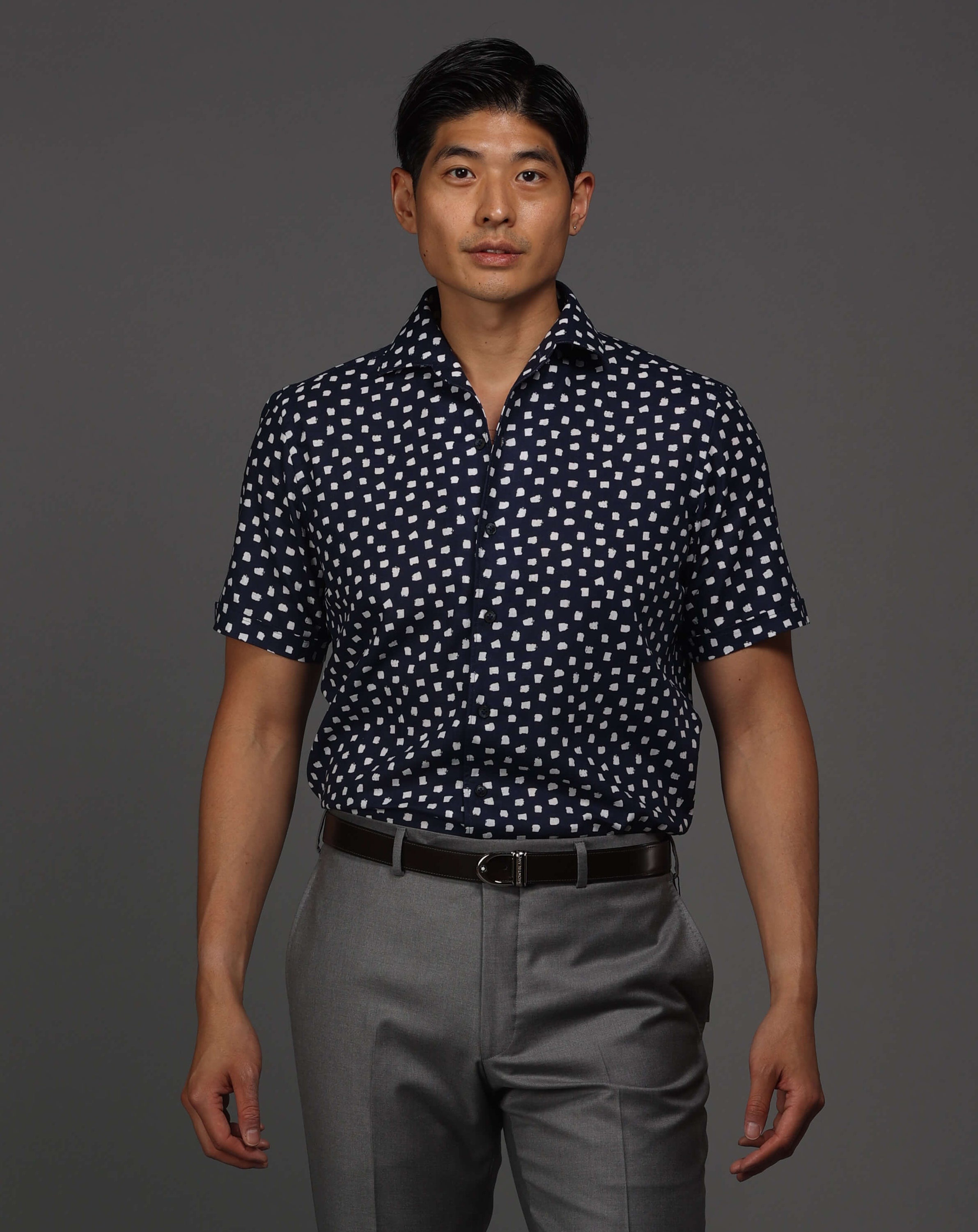 Navy With White Brush Dot Print Short Sleeve Sport Shirt