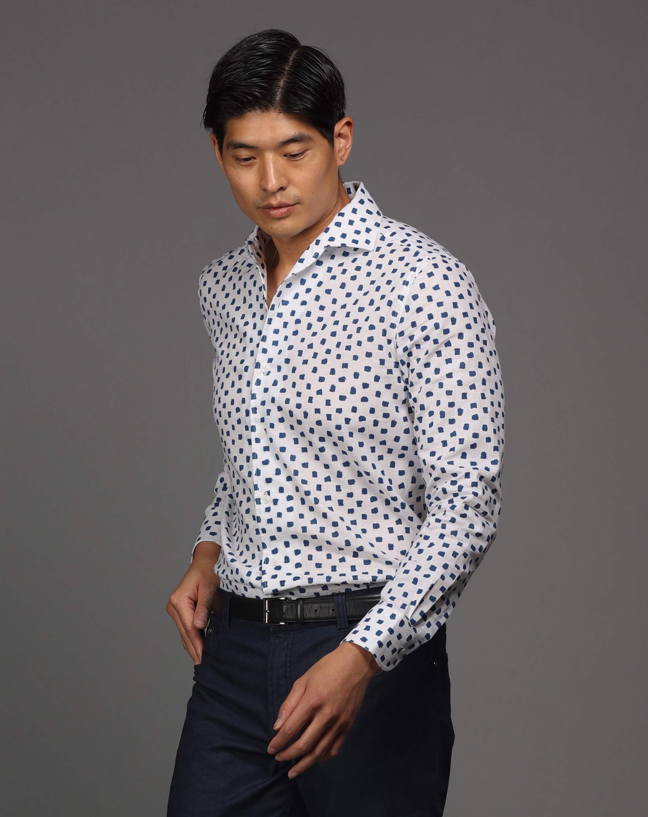 White With Navy Brush Dot Print Sport Shirt