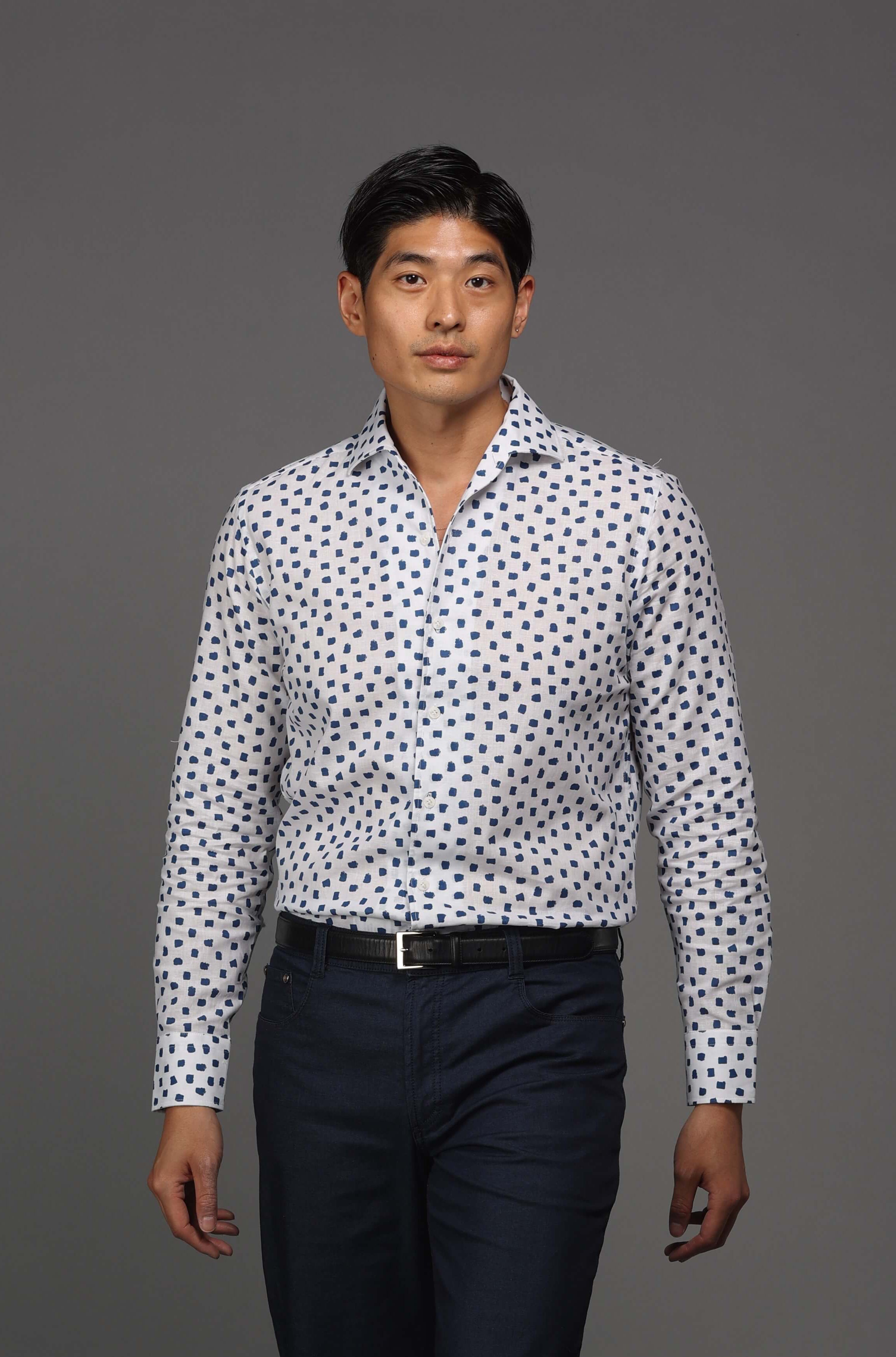 White With Navy Brush Dot Print Sport Shirt
