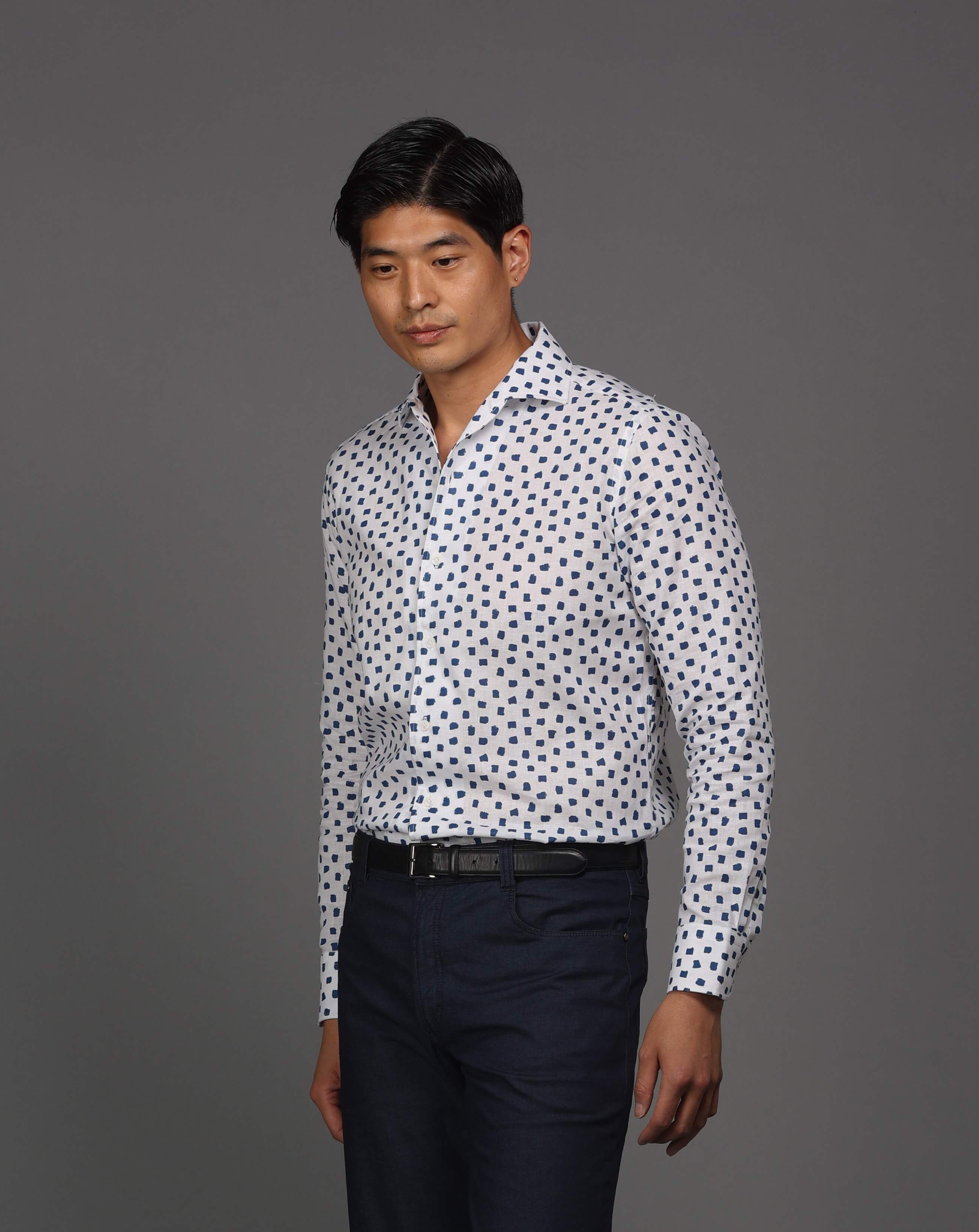 White With Navy Brush Dot Print Sport Shirt