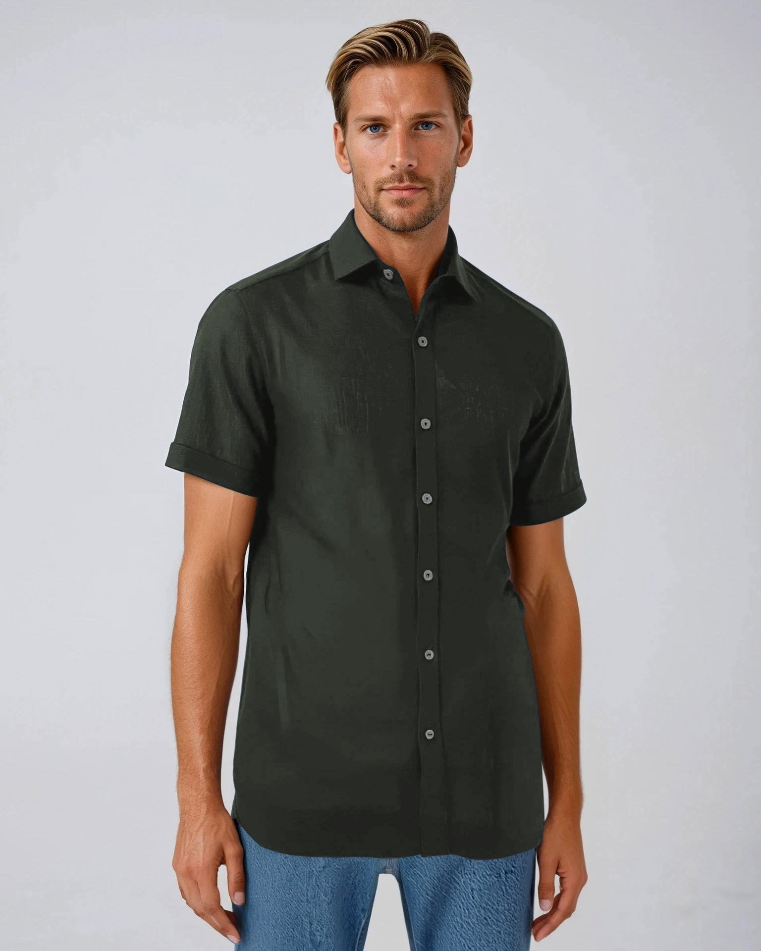 Green Linen and Cotton Blend Short Sleeve Shirt