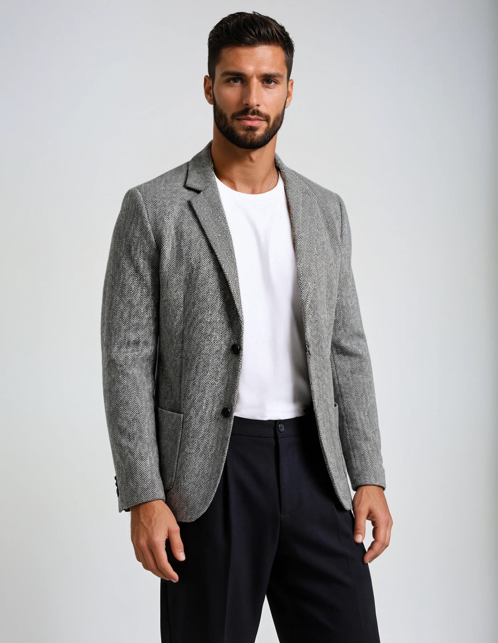 Grey Jacquard Stretch Knit Herringbone Sport Coat