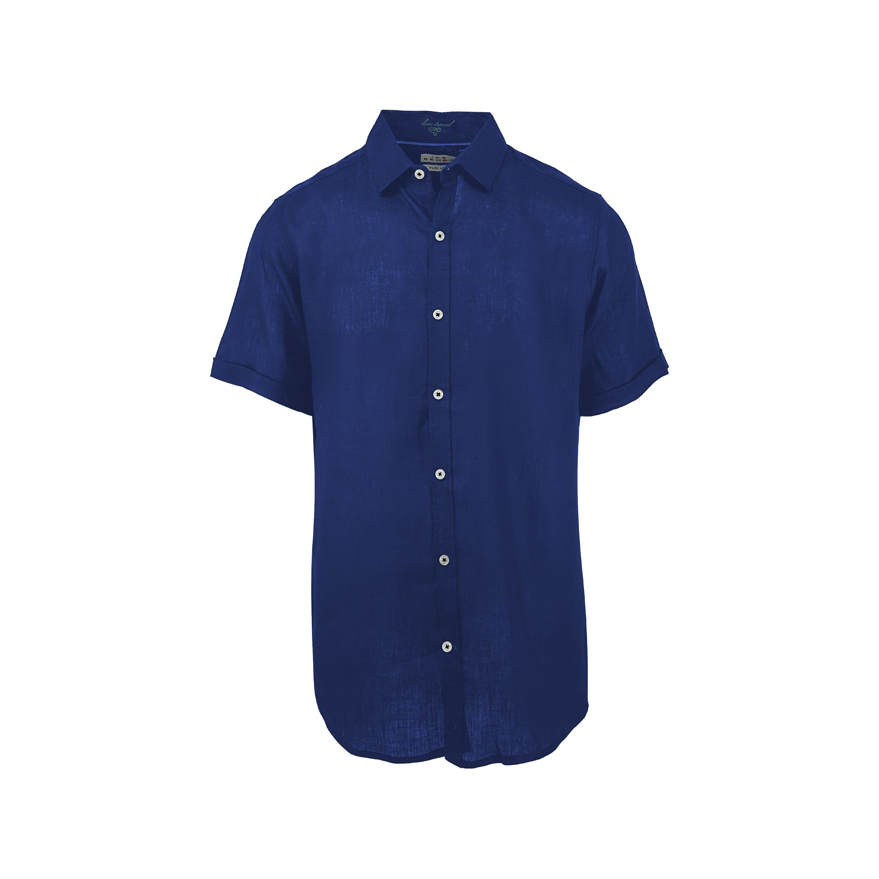 Navy Linen and Cotton Blend Short Sleeve Shirt