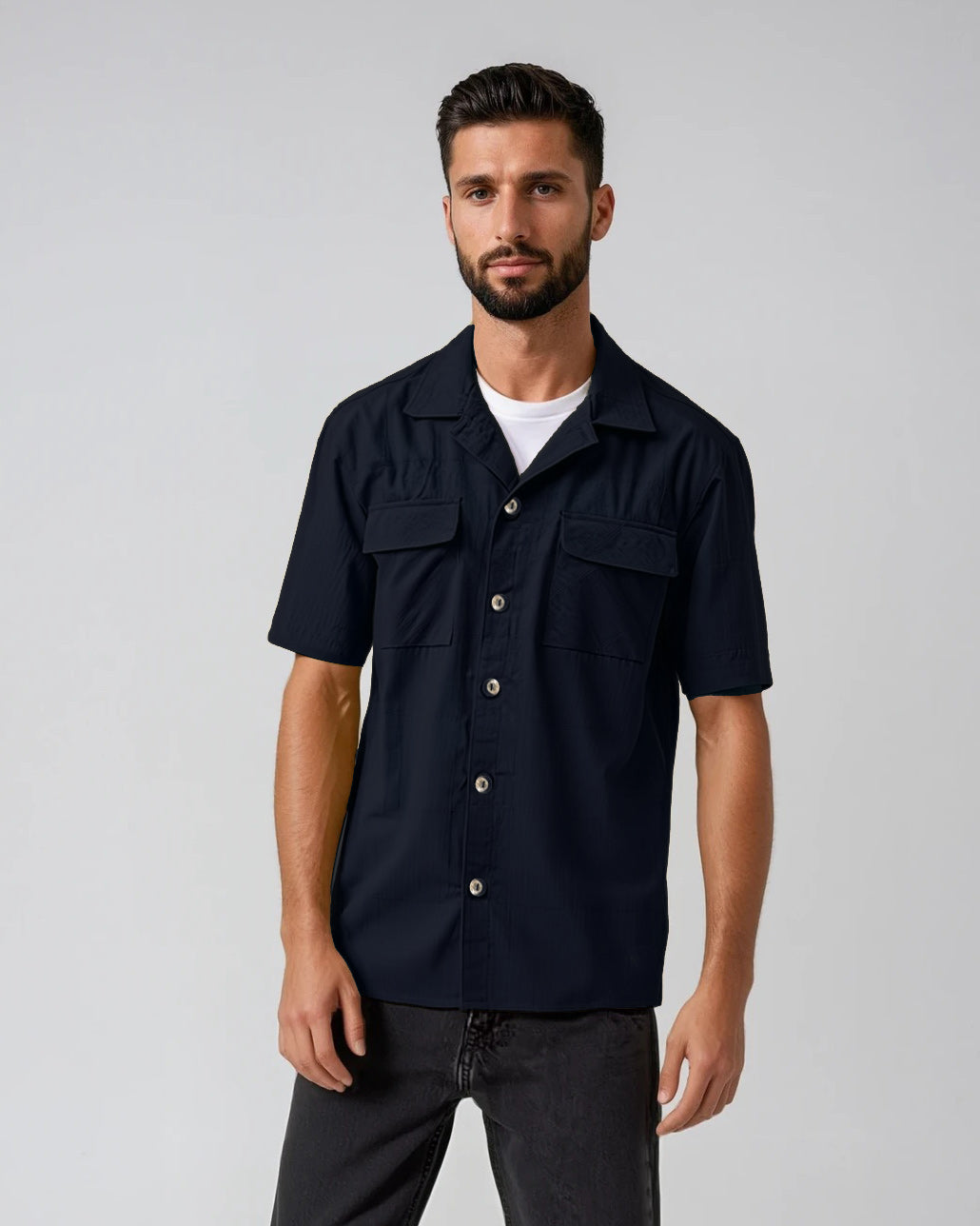 Navy Linen Blend Tonal Dobby Two Pocket Short Sleeve Shirt