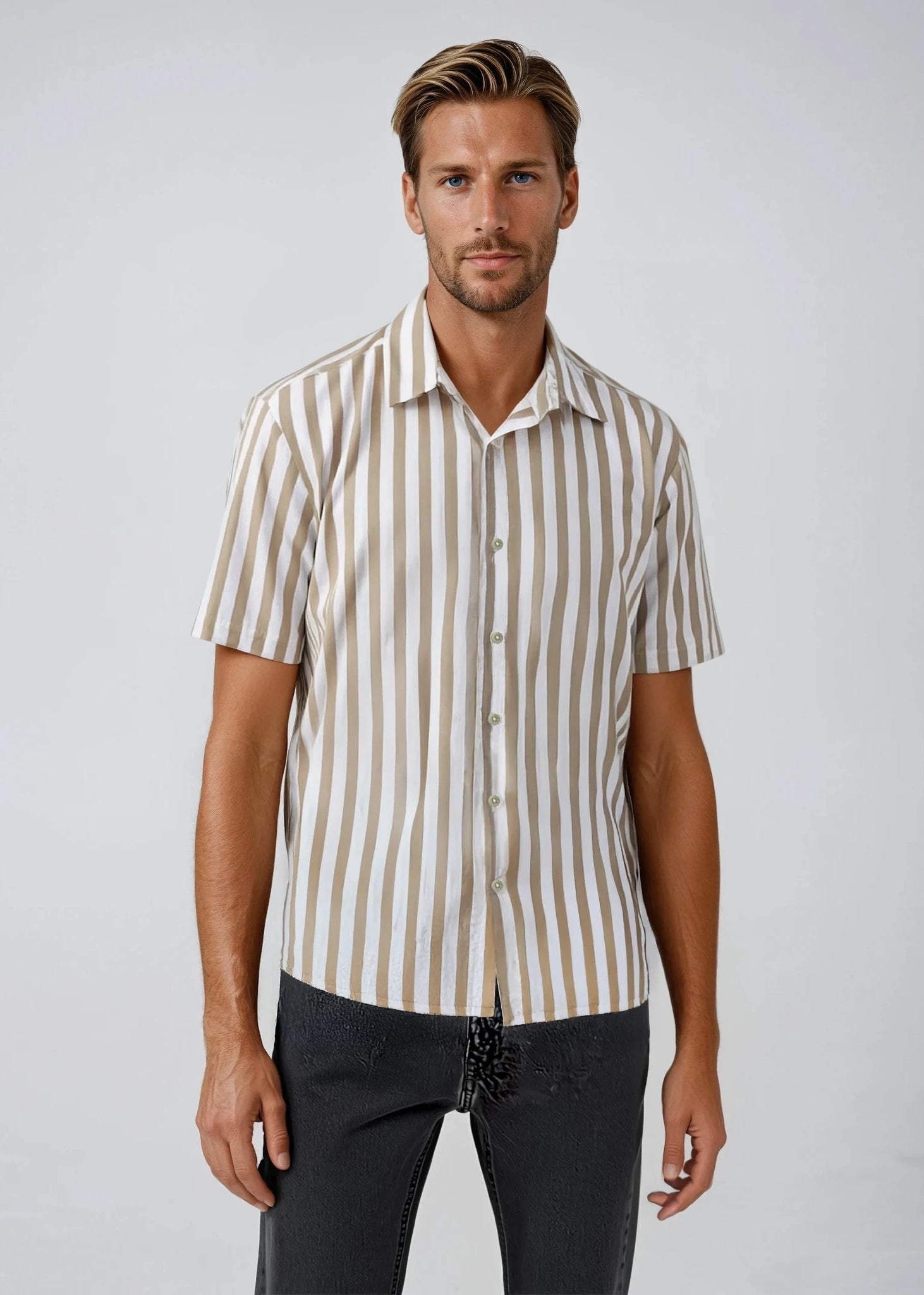 Wheat Large Stripe Cotton and Linen Camp Shirt
