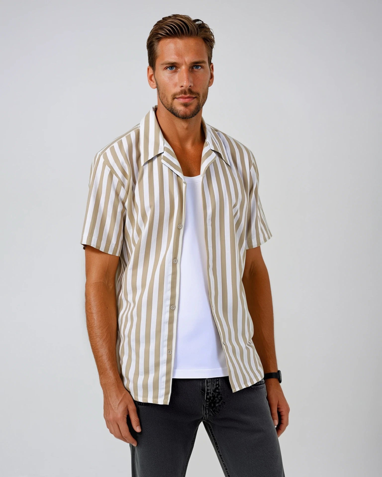 Wheat Large Stripe Cotton and Linen Camp Shirt